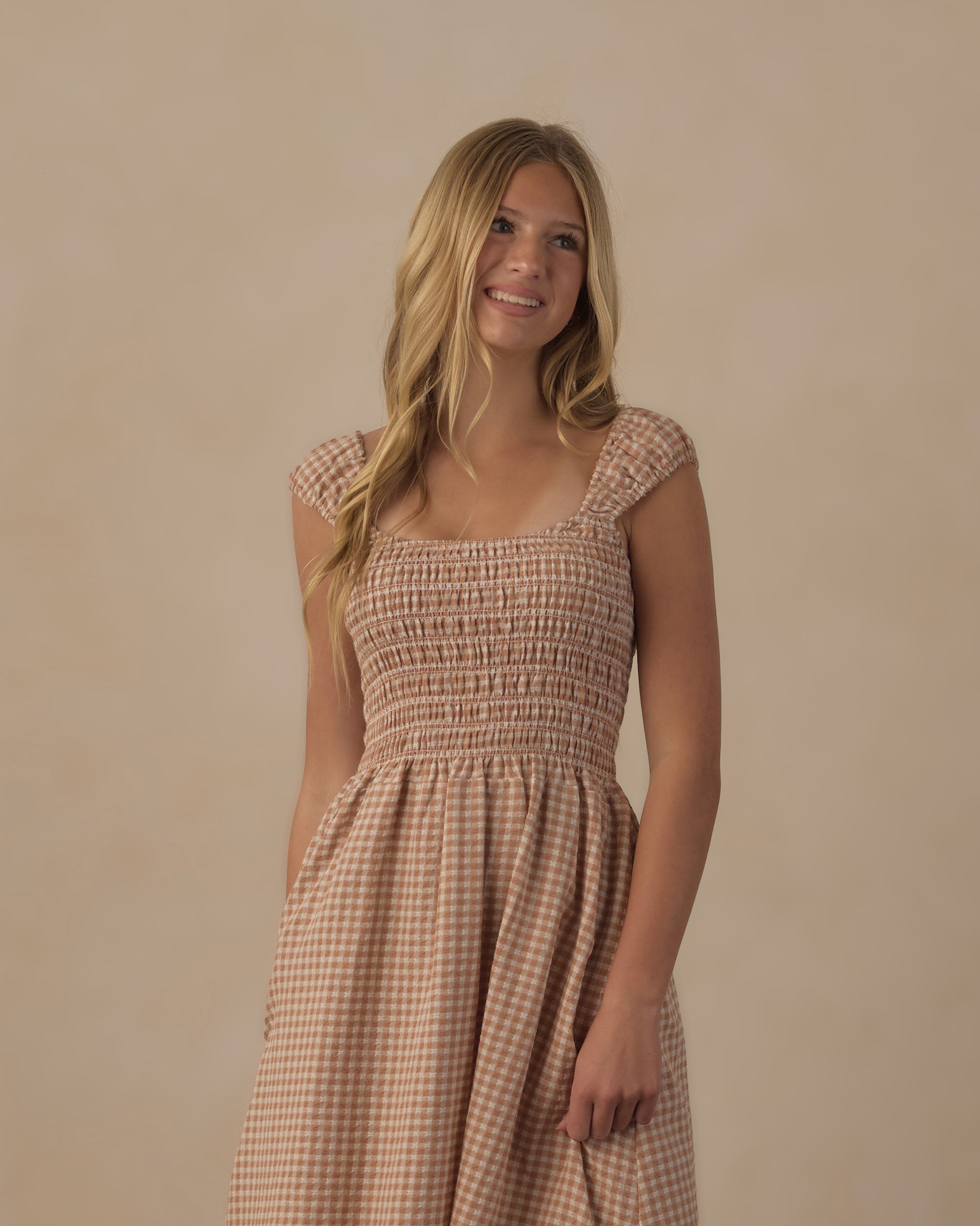 Teen Fawn Gingham Jess Dress by Rylee & Cru featuring a classic gingham pattern and a casual, comfortable fit for teens.