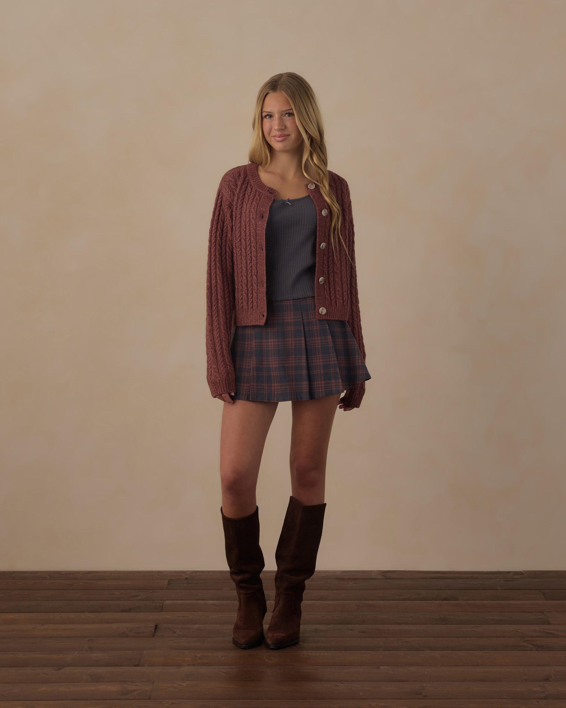 Teen Mulberry Cheyenne Cardigan by Rylee & Cru, featuring a cozy knit fabric in a soft mulberry color, displayed on a hanger.