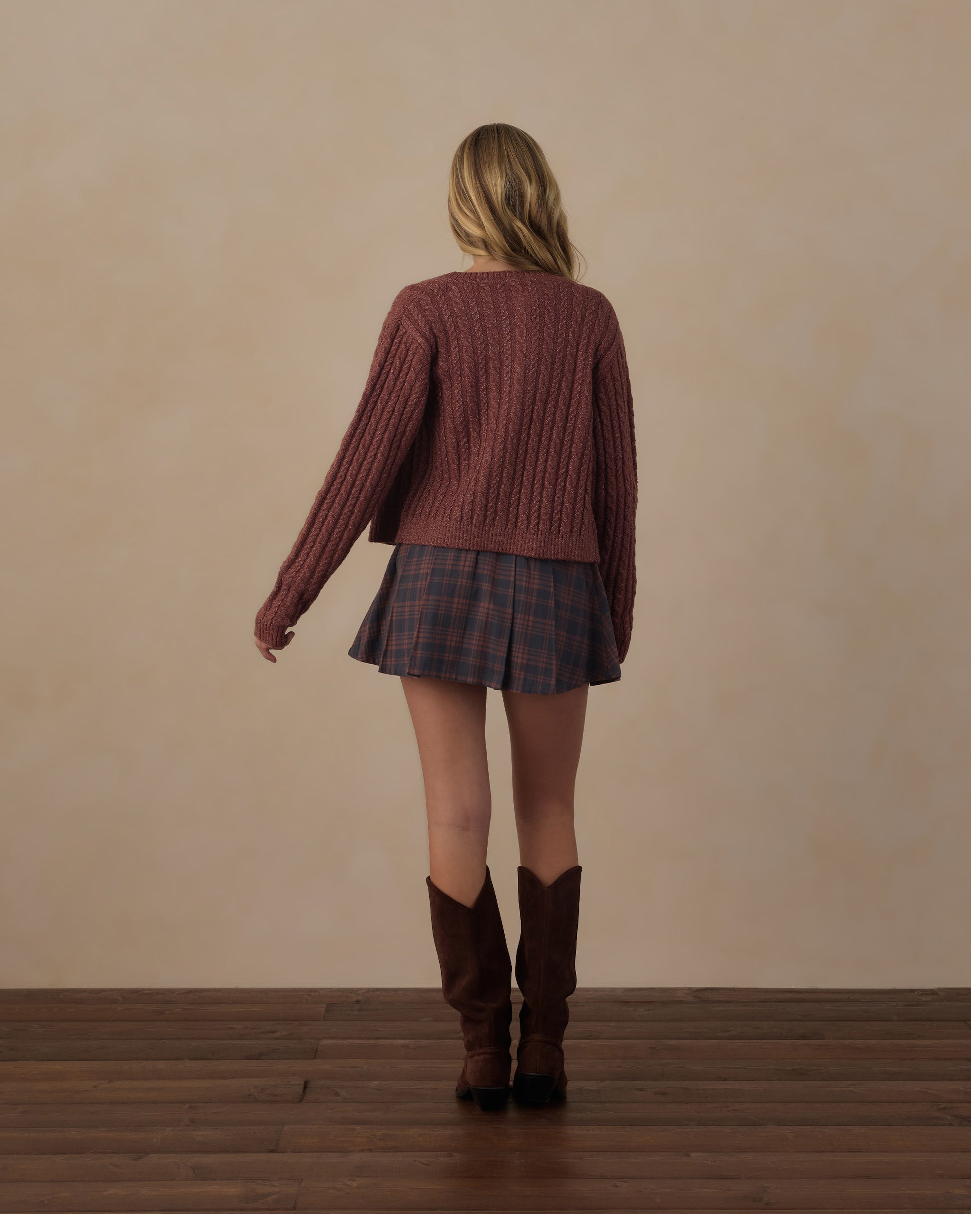Teen Mulberry Cheyenne Cardigan by Rylee & Cru featuring a soft knit fabric and button-up front, displayed on a model.