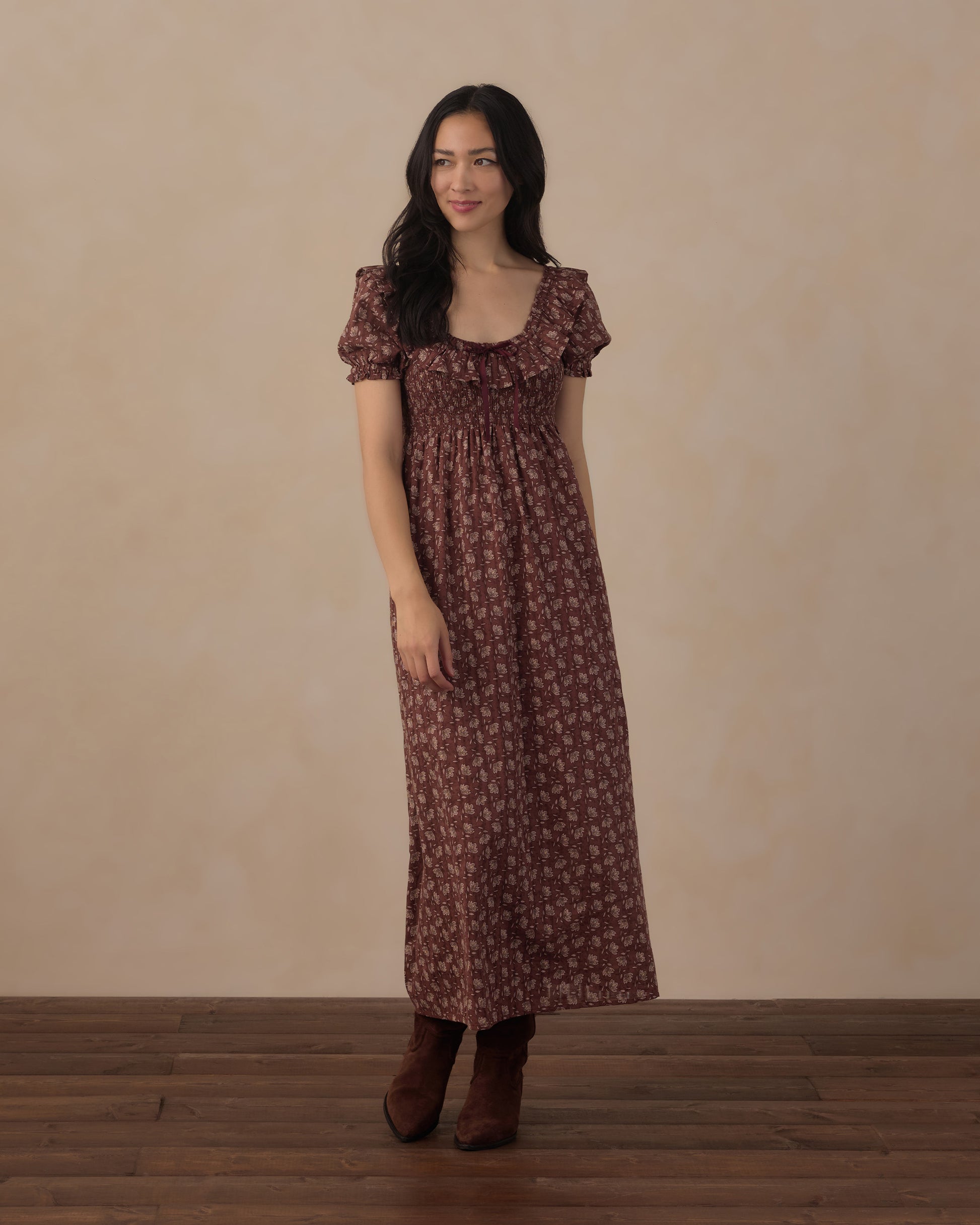 Women's Mulberry Iris Dillon Maxi Dress by Rylee & Cru, featuring a flowing fabric, floral pattern, and sleeveless design.