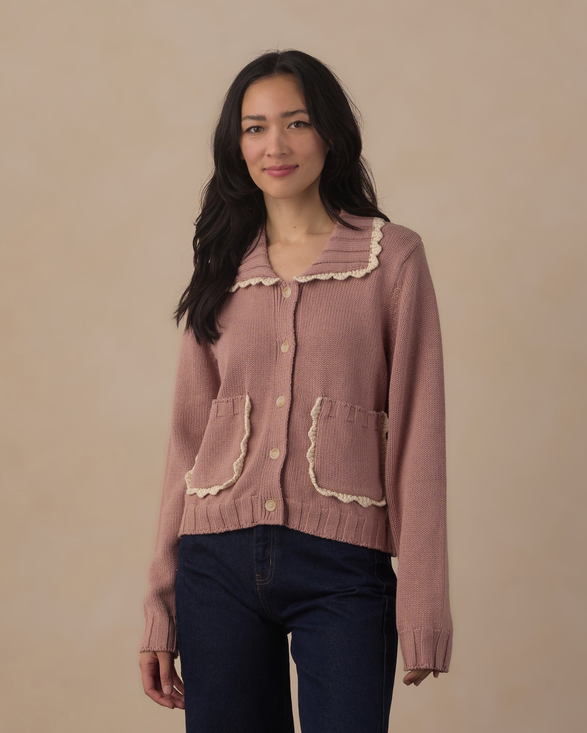 Women's Rosewood collared cardigan by Rylee & Cru, featuring a soft knit fabric and button closure, worn by a model.