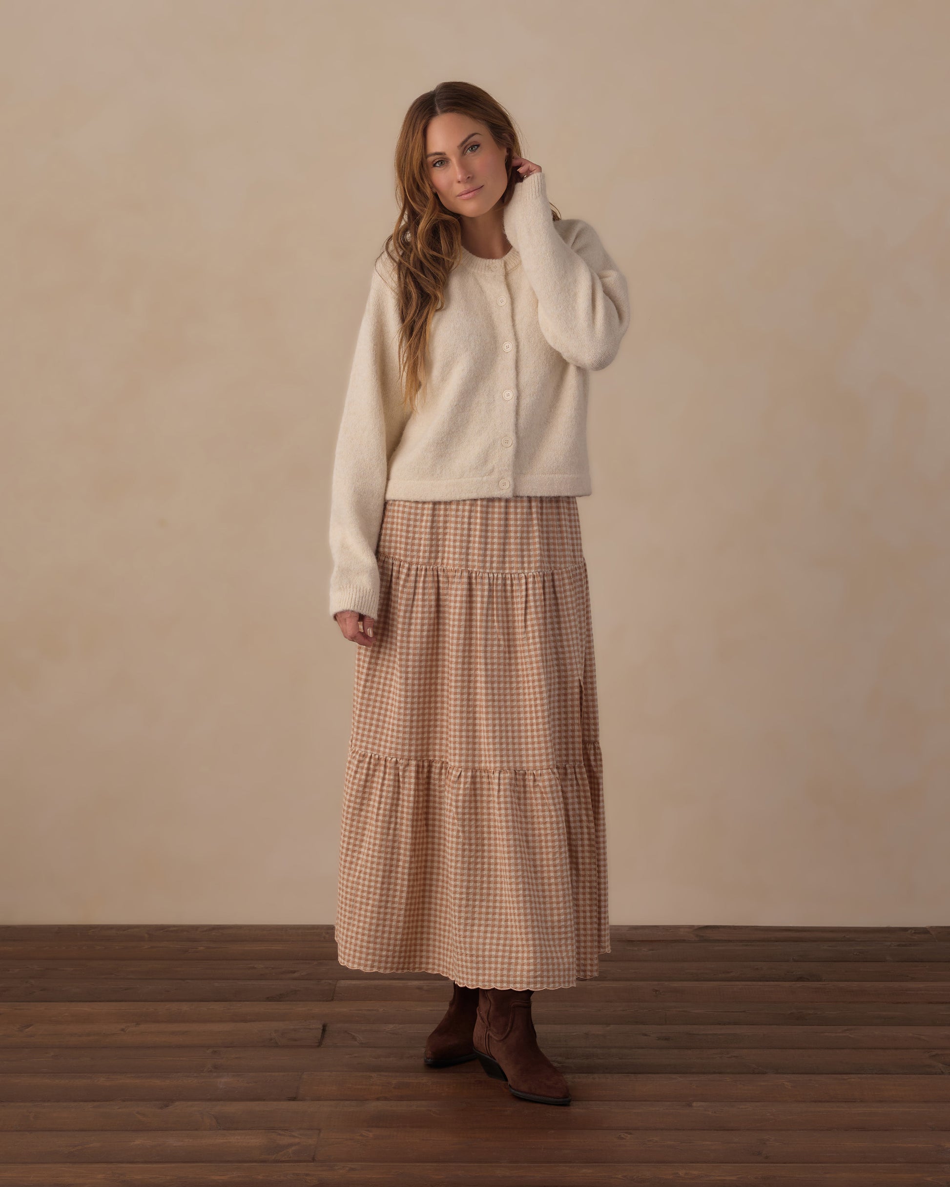 Women's fawn gingham tiered midi skirt by Rylee & Cru, featuring a flowy, layered design and elastic waistband.