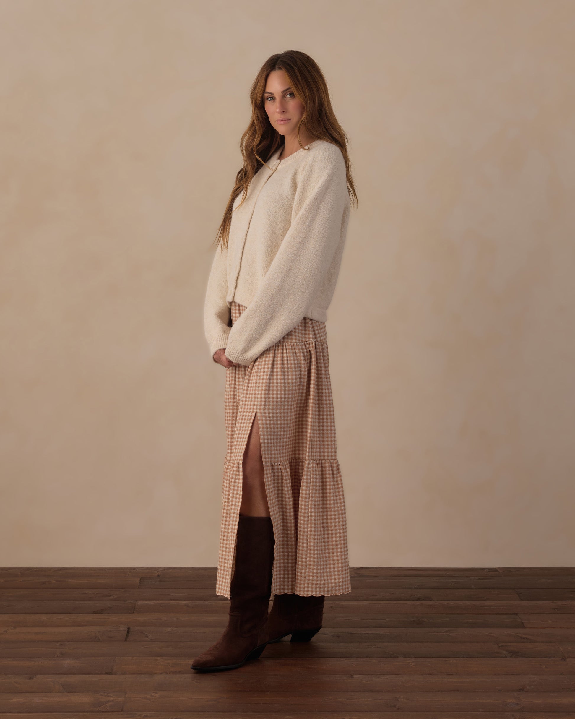 Women’s fawn gingham tiered midi skirt by Rylee & Cru, featuring a flowy, tiered design and classic gingham pattern.