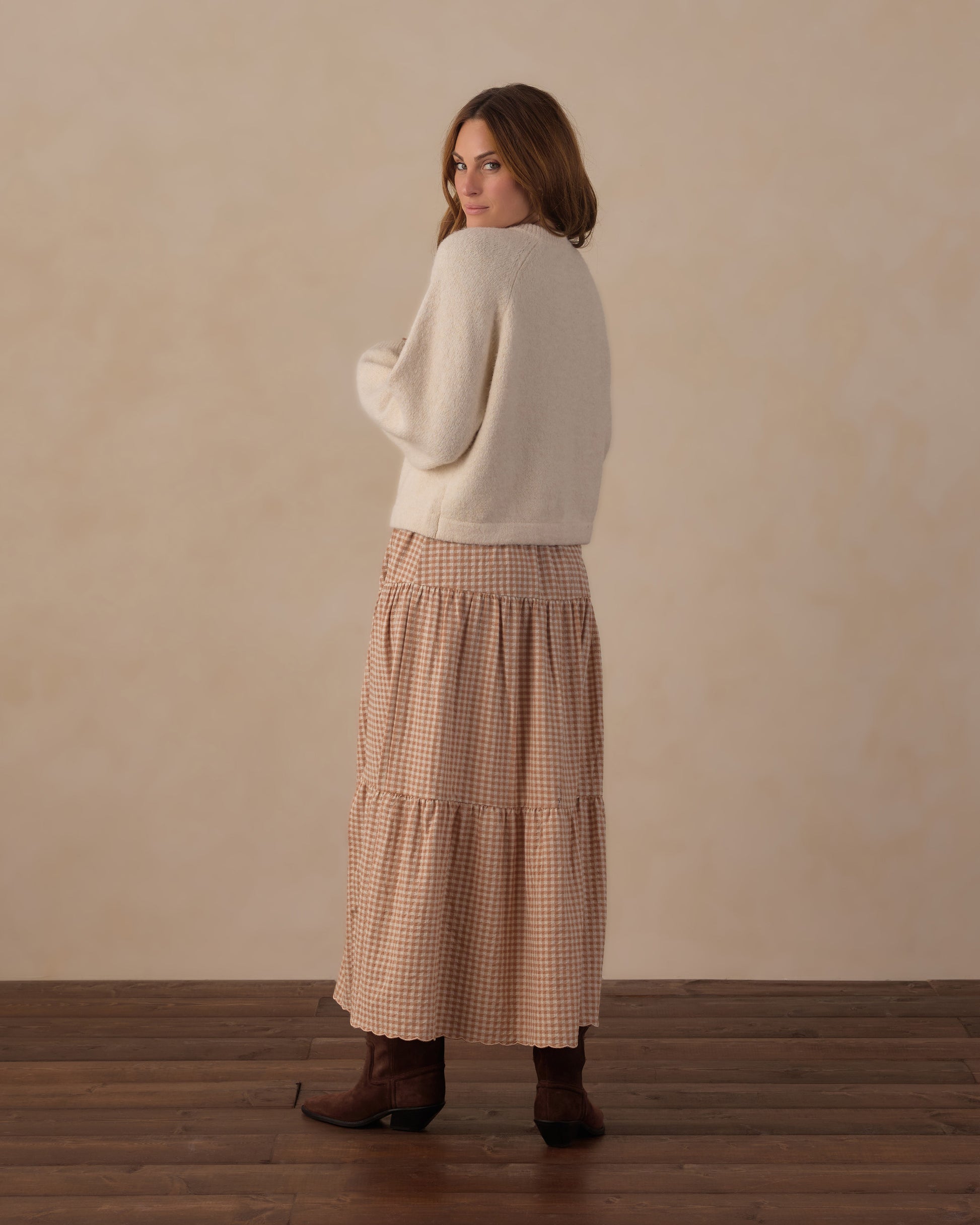 Women's fawn gingham tiered midi skirt by Rylee & Cru, featuring a flowy, layered design with a comfortable waistband.