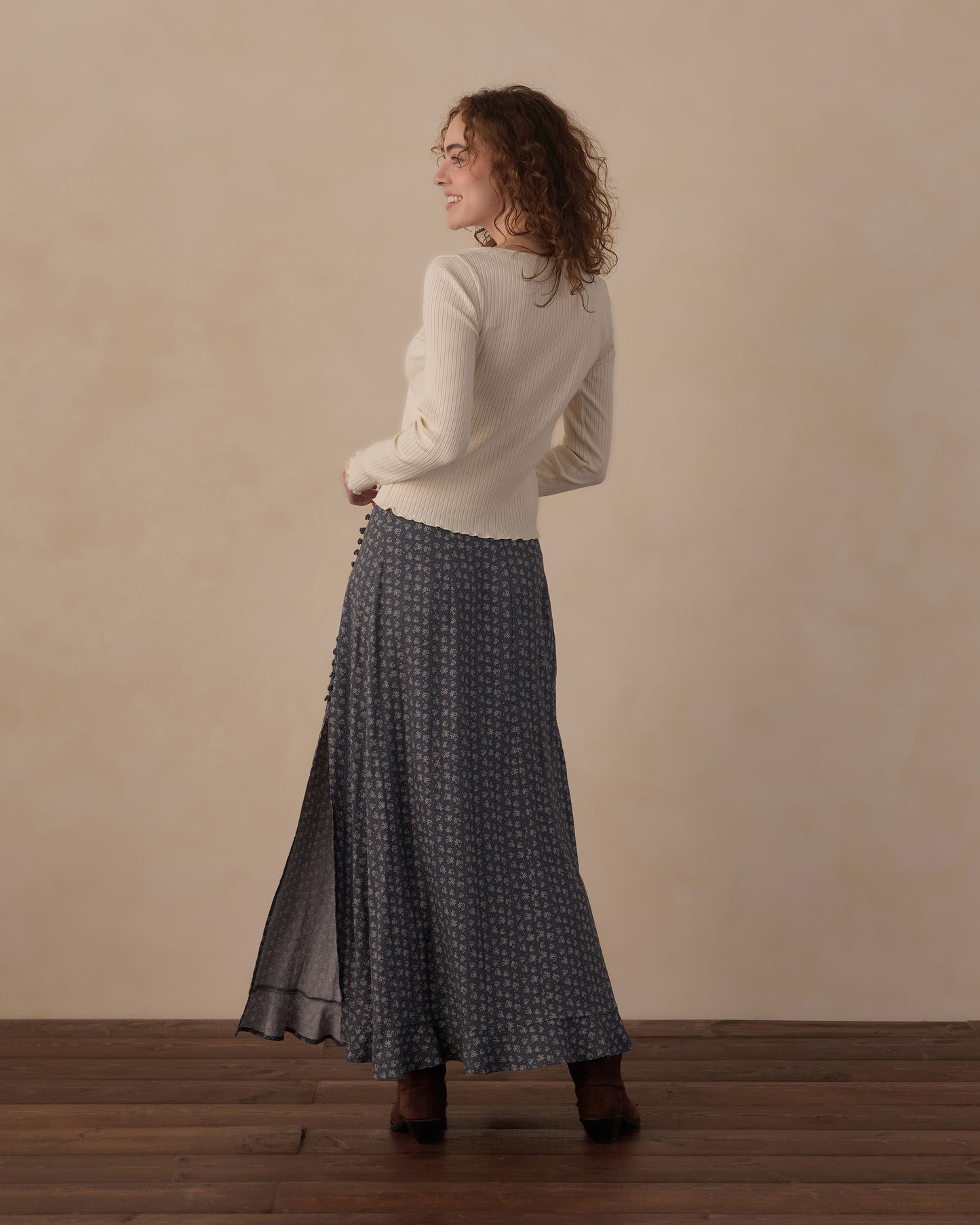 Women's Heart Ditsy Button Slit Skirt by Rylee & Cru, featuring a feminine ditsy print, button details, and a side slit.