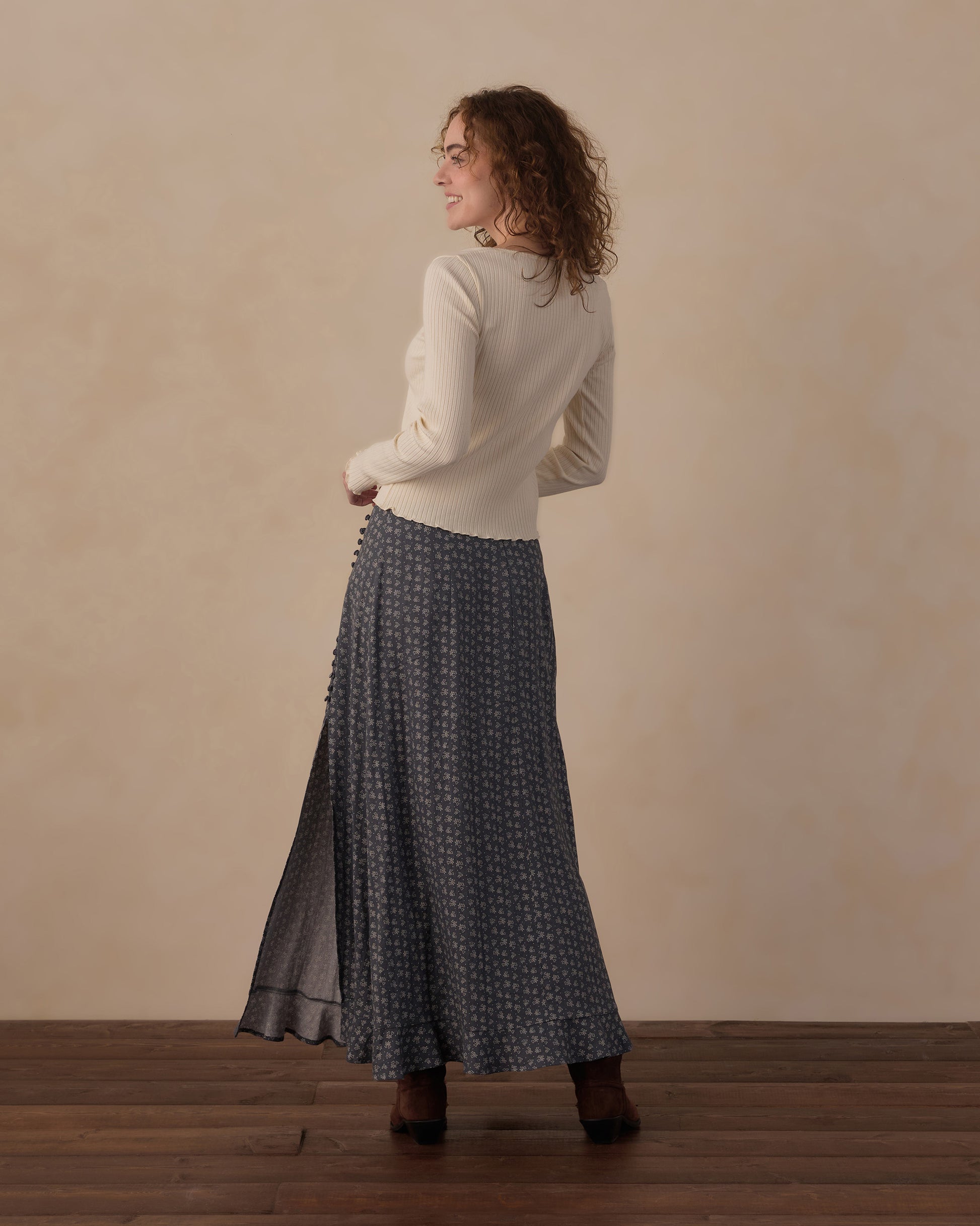 Women's Heart Ditsy Button Slit Skirt by Rylee & Cru, featuring a feminine ditsy print, button details, and a side slit.
