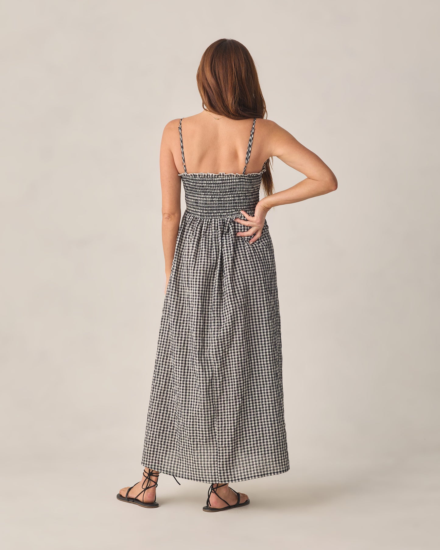 Women's black check Chrissy dress by Rylee & Cru, featuring a stylish check pattern and feminine fit, displayed on a model.