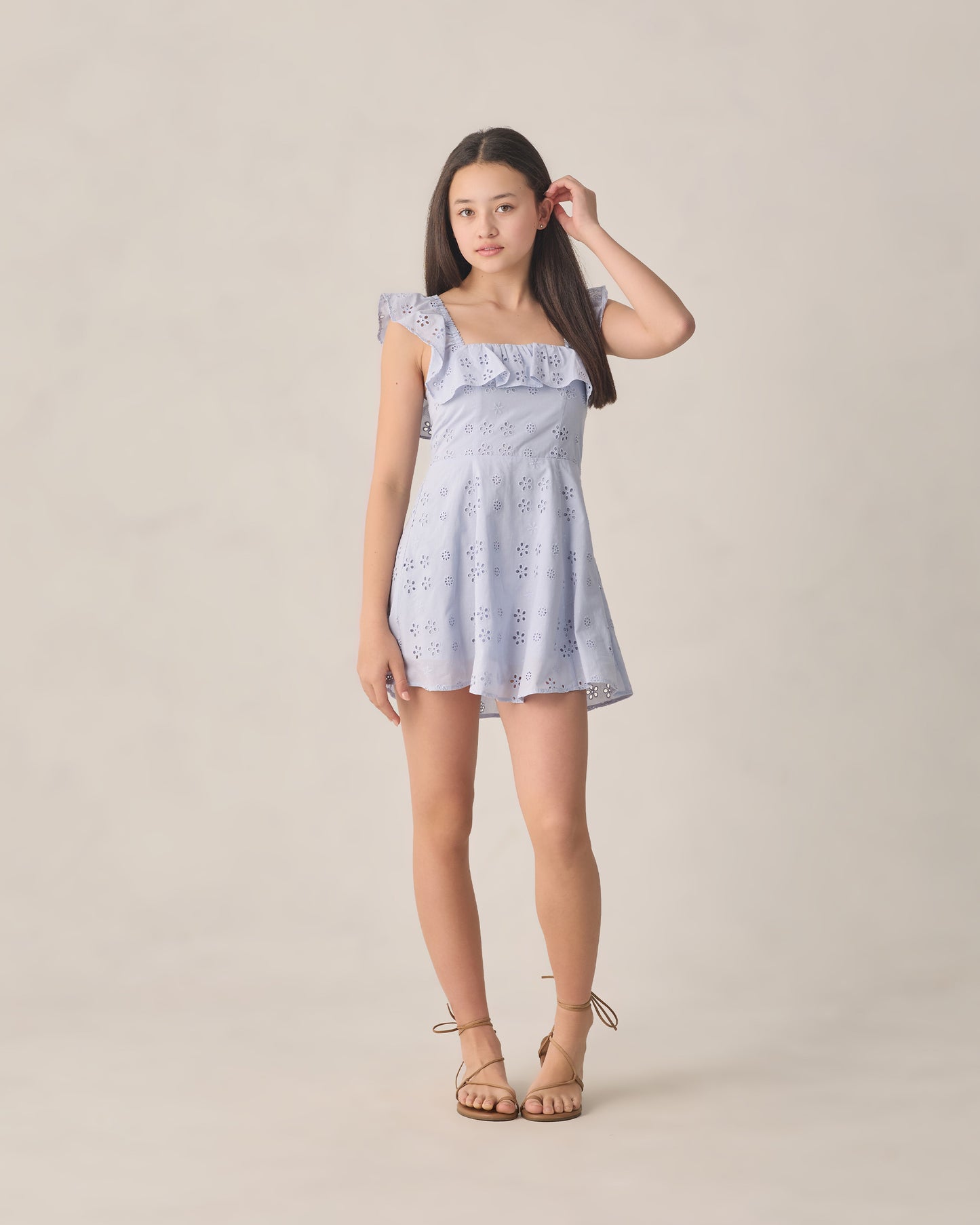 Periwinkle Bianca mini dress by Rylee & Cru, featuring a flowy silhouette and short sleeves, perfect for teen summer wear.