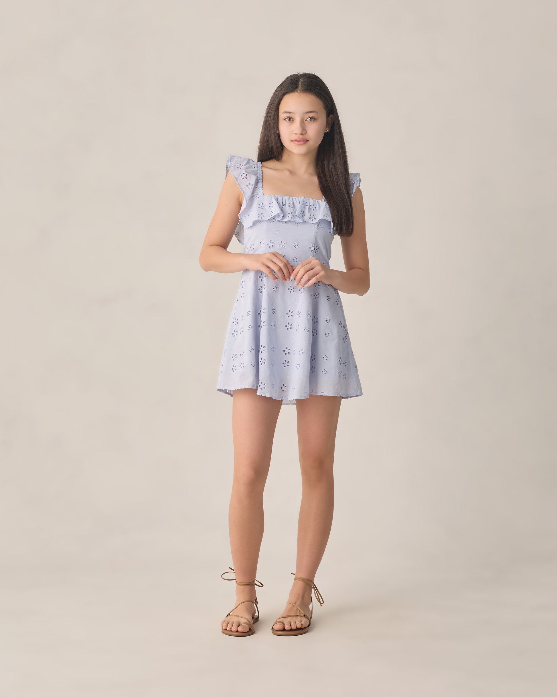 Teen periwinkle Bianca mini dress by Rylee & Cru displayed on a model against a neutral background.