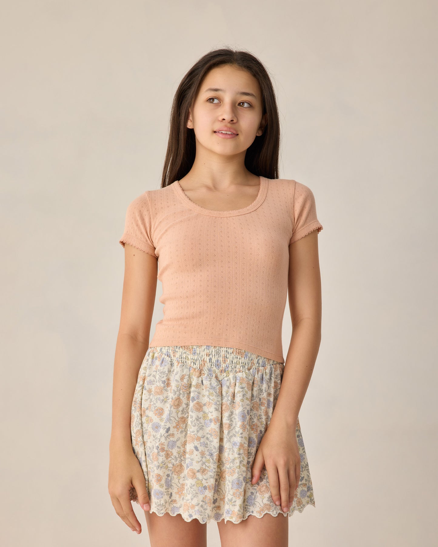 Rylee & Cru Teen Melon Pointelle Jersey featuring a soft, textured fabric in a vibrant melon color.