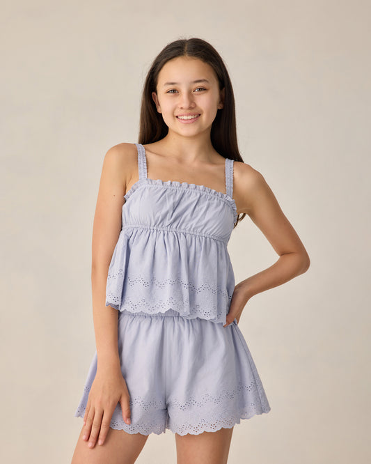 Teen periwinkle eyelet tank blouse by Rylee & Cru, featuring delicate eyelet detailing and a relaxed fit.