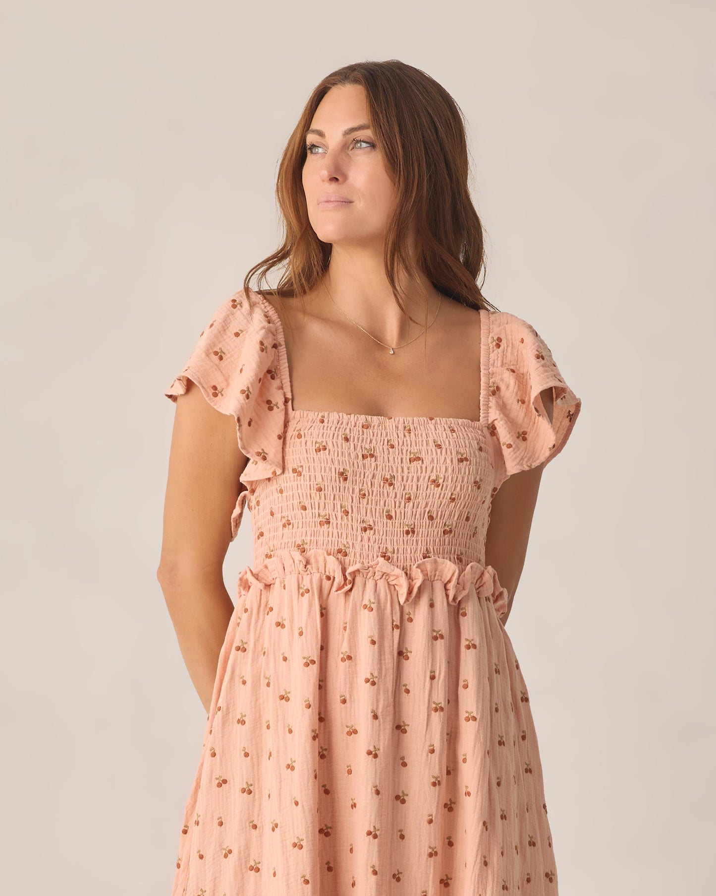 Women's Rylee & Cru Francesca dress featuring cherry embroidery in a light fabric, perfect for warm weather outings.