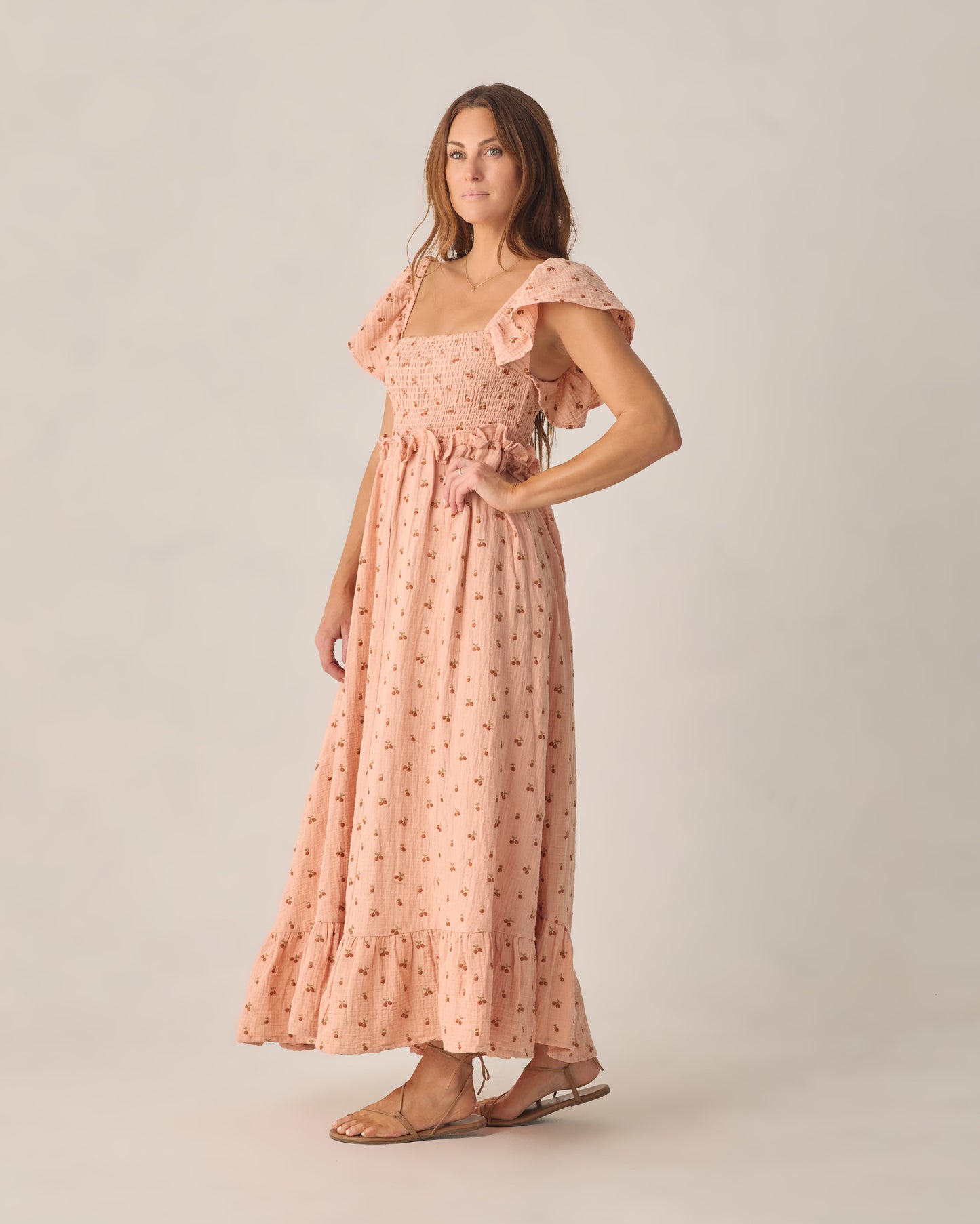 Women's Rylee & Cru Francesca dress featuring cherry embroidery on a soft fabric, perfect for spring outings.