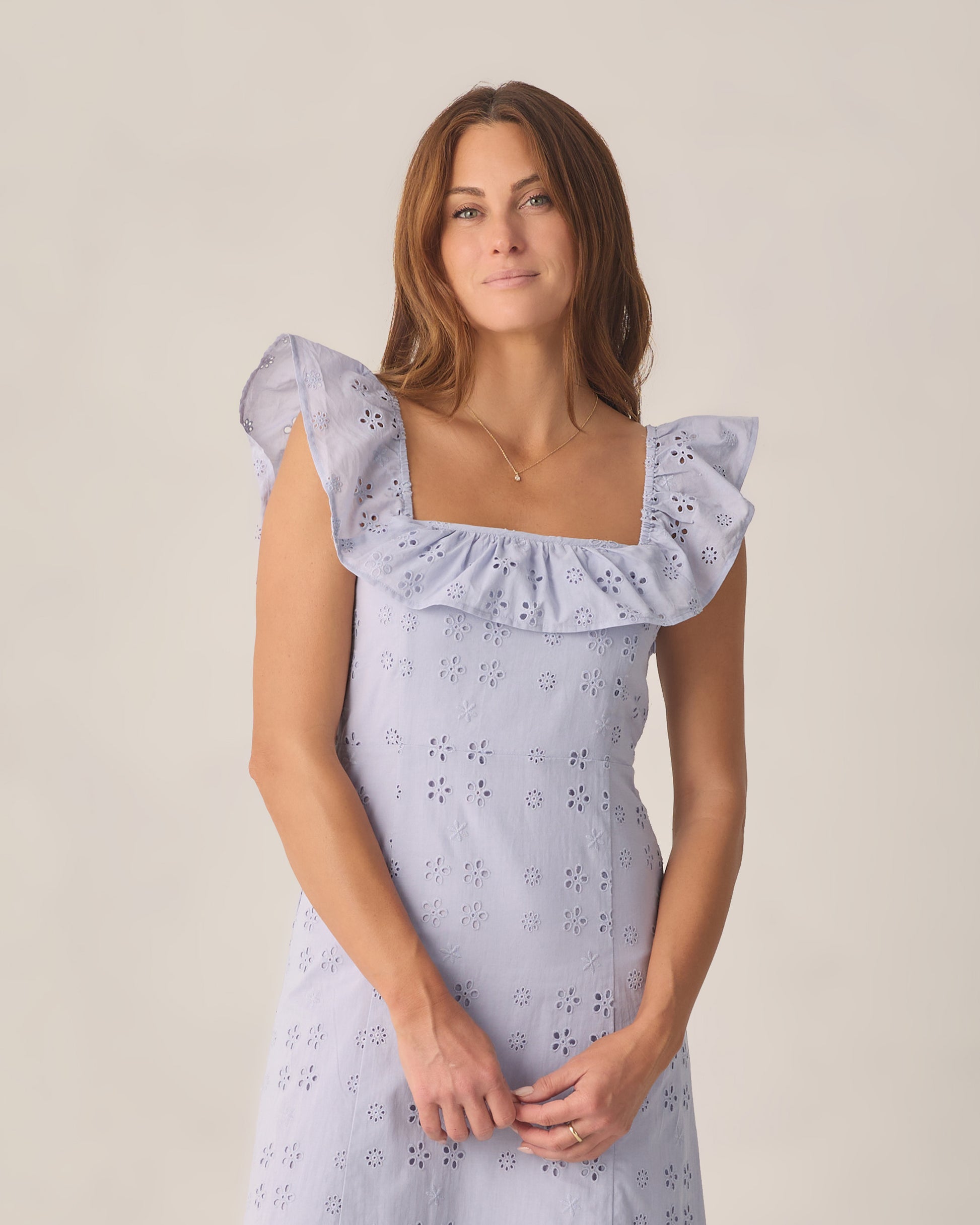 Women's periwinkle Bianca dress by Rylee & Cru, featuring a flowy silhouette and delicate details, showcased on a model.