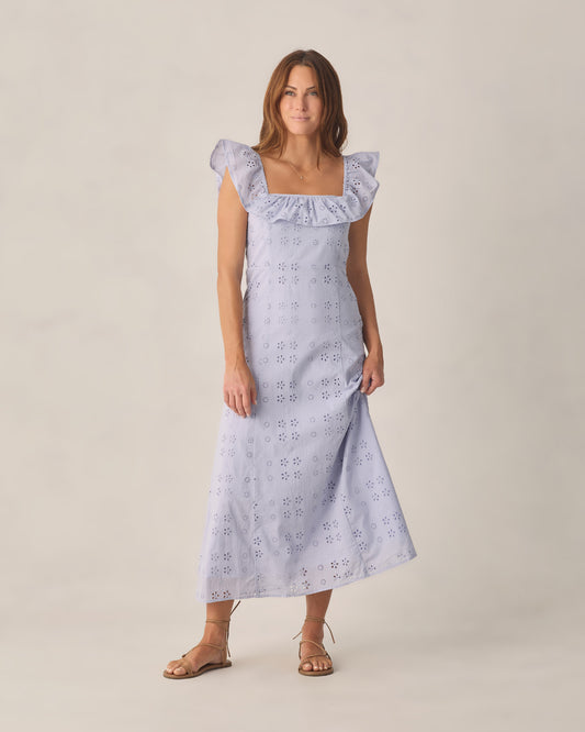 Women's periwinkle Bianca dress by Rylee & Cru, featuring a flowy silhouette and soft fabric, displayed on a hanger.