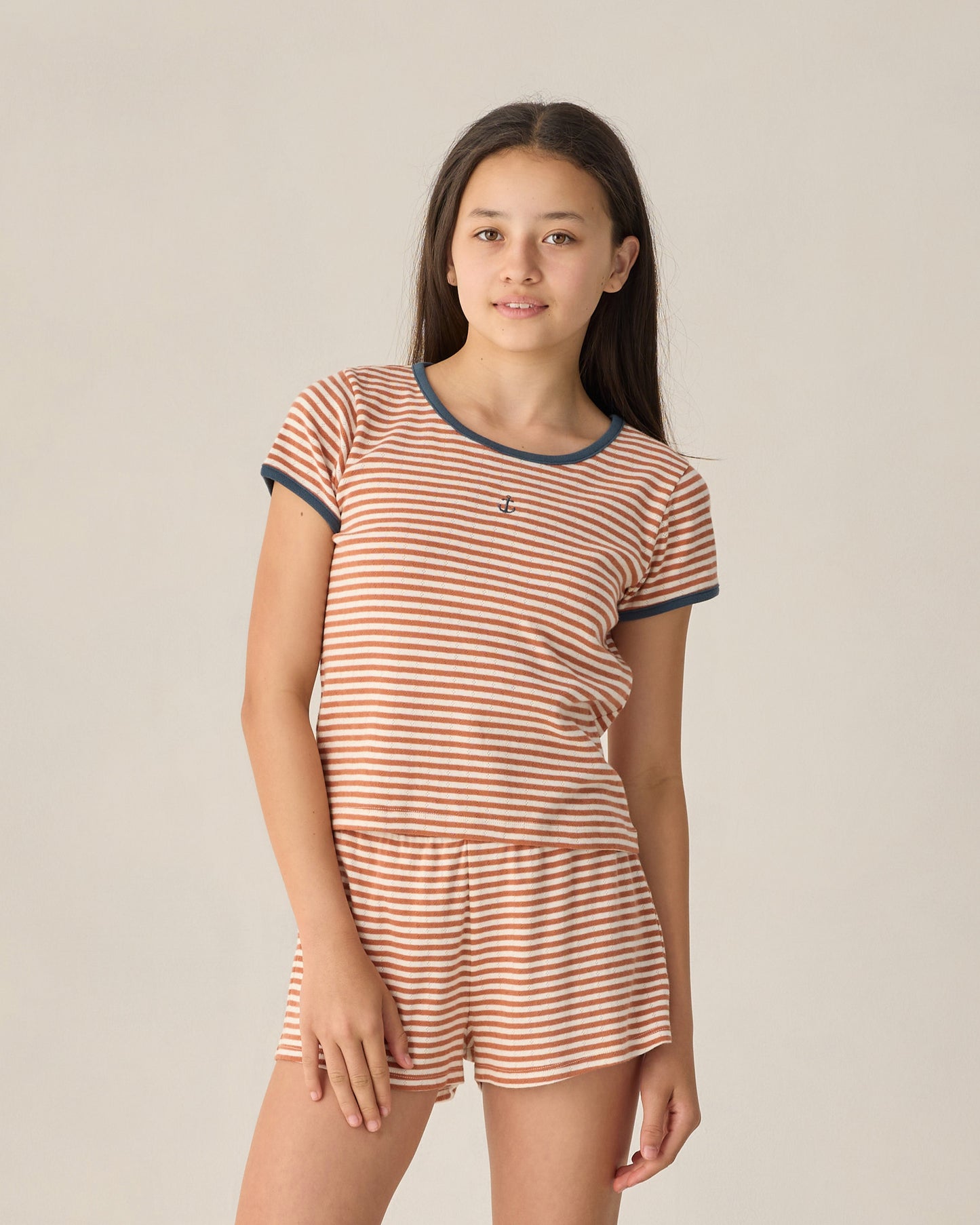 Teen Poppy Stripe Pointelle Tee by Rylee & Cru, featuring a colorful striped pattern and soft knit fabric for casual wear.