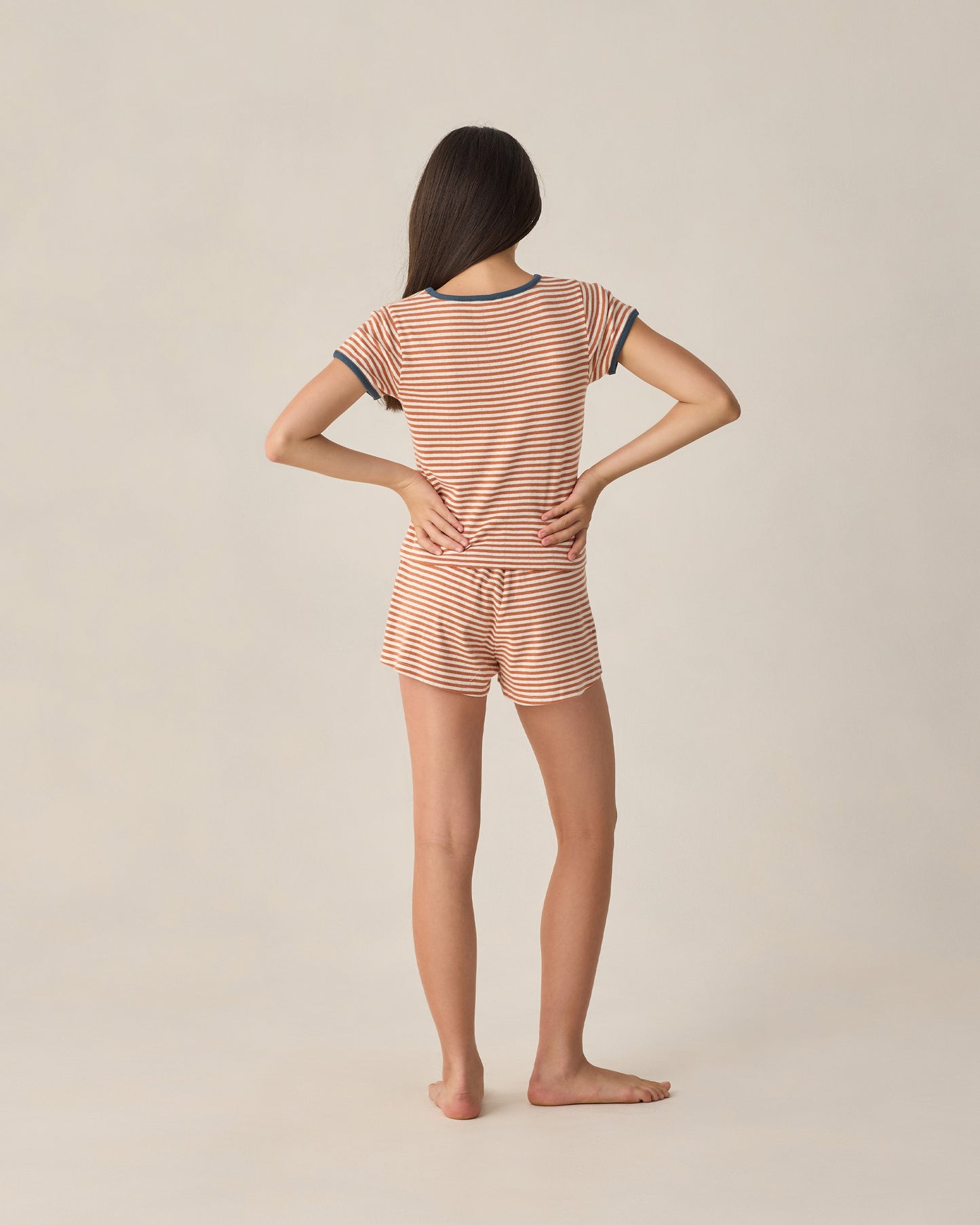Teen Poppy Stripe Pointelle Tee by Rylee & Cru, featuring a lightweight knit fabric with colorful stripe pattern and short sleeves.