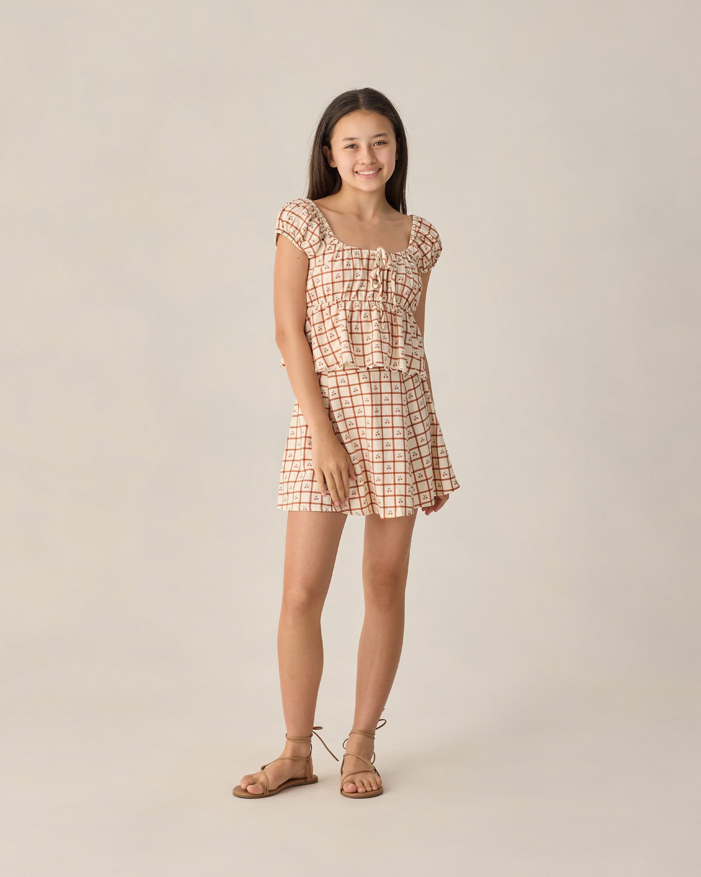 Teen Cherry Check Rylan Top by Rylee & Cru featuring a plaid pattern, long sleeves, and a relaxed fit.
