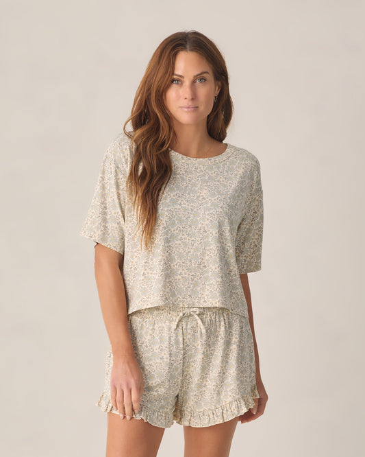 Women's blue Meadow Mosie set by Rylee & Cru, featuring a relaxed fit top and matching pants with a floral pattern.