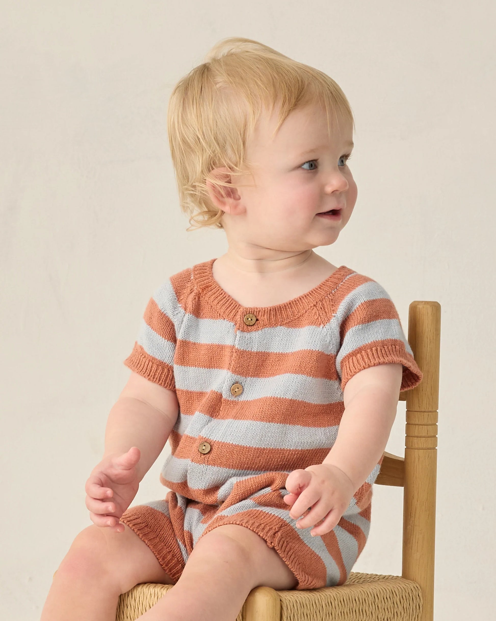 Rylee & Cru Americana Stripe Liam Knit Romper for babies, featuring colorful striped pattern and soft knit fabric.