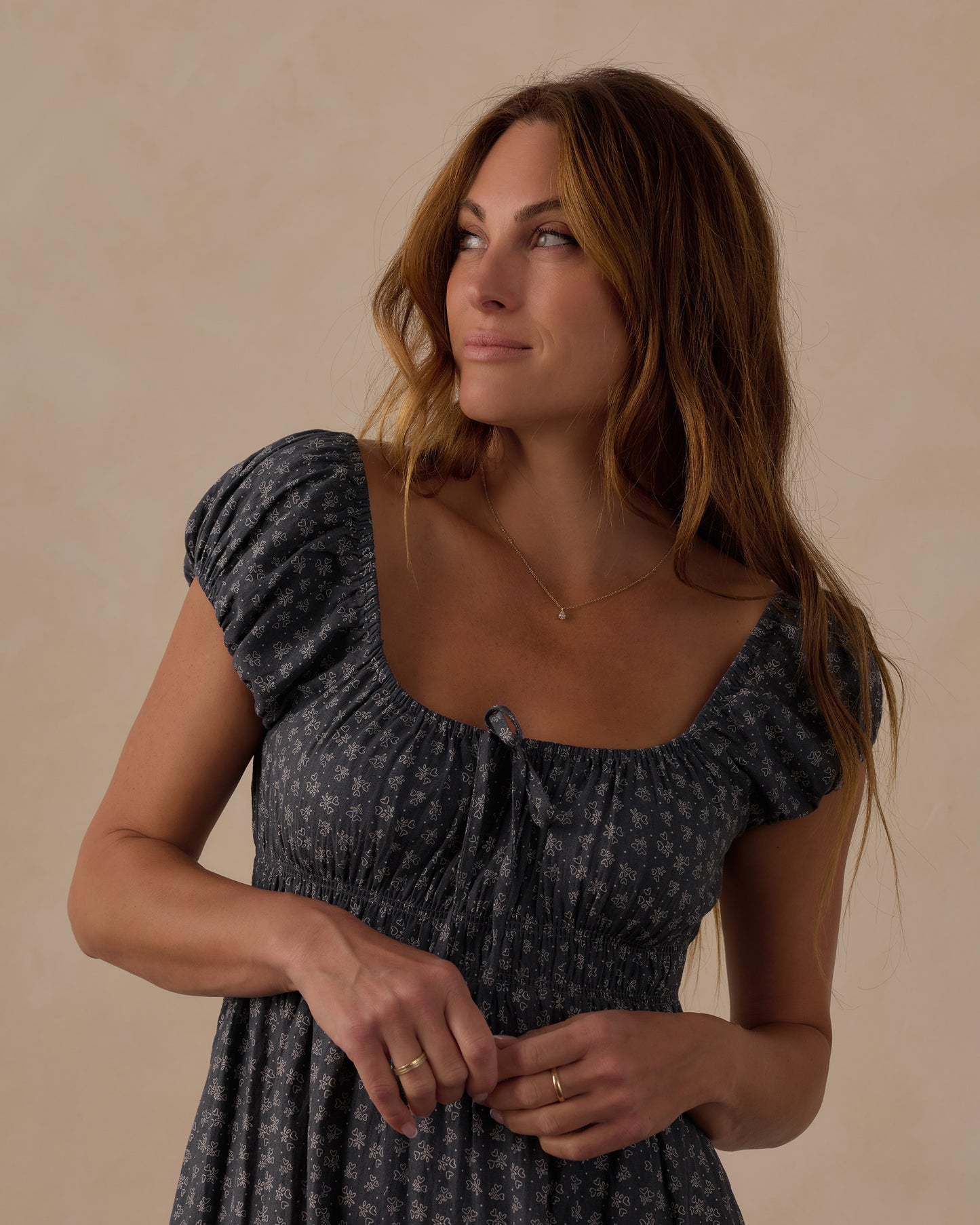 Women's Heart Ditsy Joya Dress by Rylee & Cru featuring a charming heart print and flowy fabric on a model.
