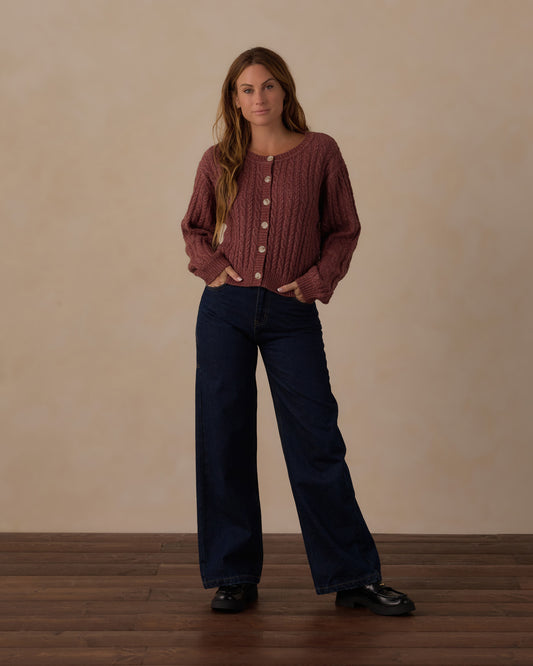 Women's Mulberry Cheyenne Cardigan by Rylee & Cru, soft knit with long sleeves and front buttons, worn over a casual outfit.