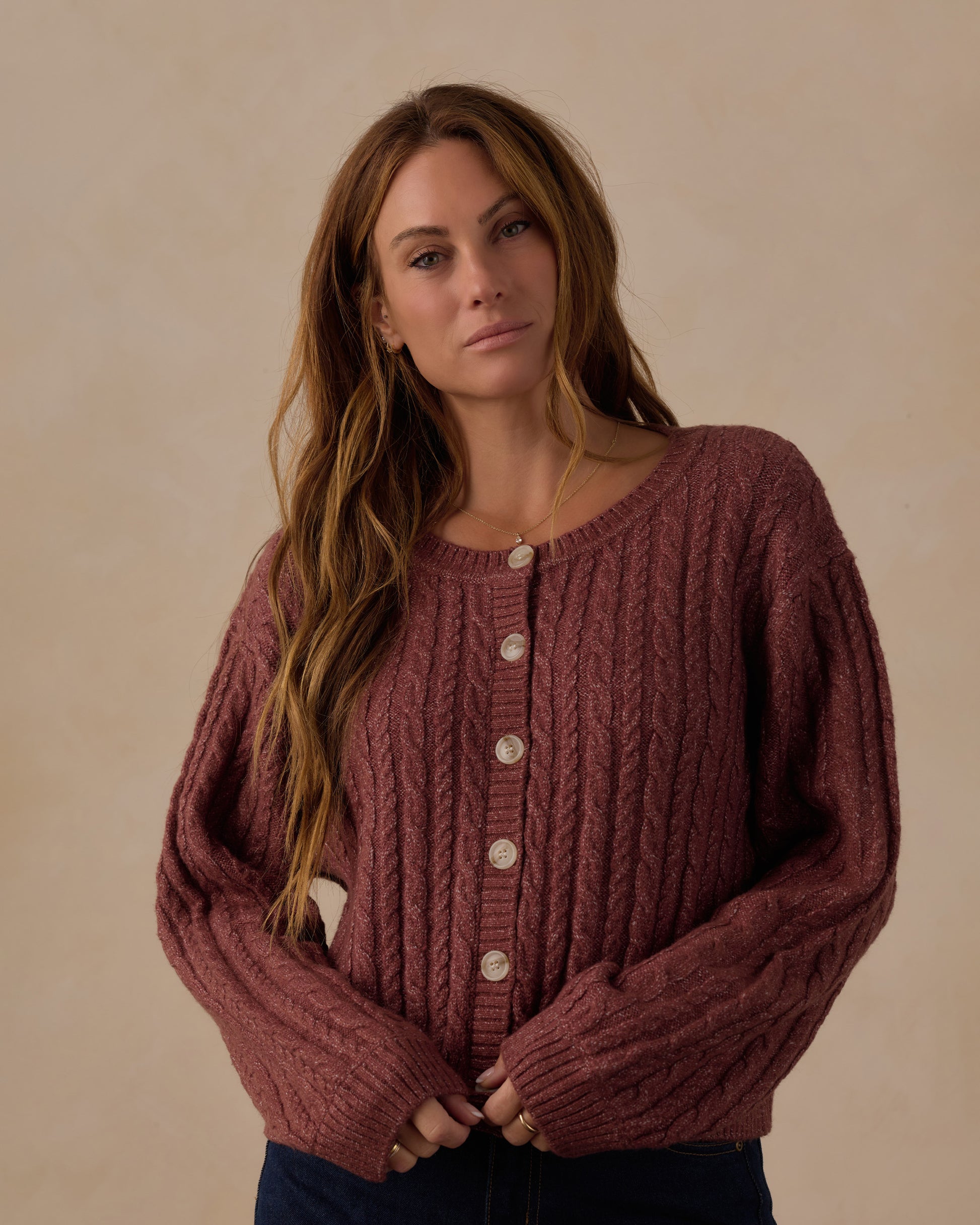 Women's Mulberry Cheyenne Cardigan by Rylee & Cru, featuring a cozy knit fabric in a rich mulberry color.