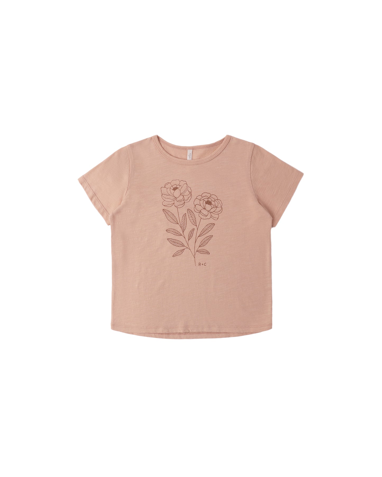 Melon-colored Peony Basic Tee by Rylee & Cru displayed on a neutral background, featuring a relaxed fit and soft fabric.