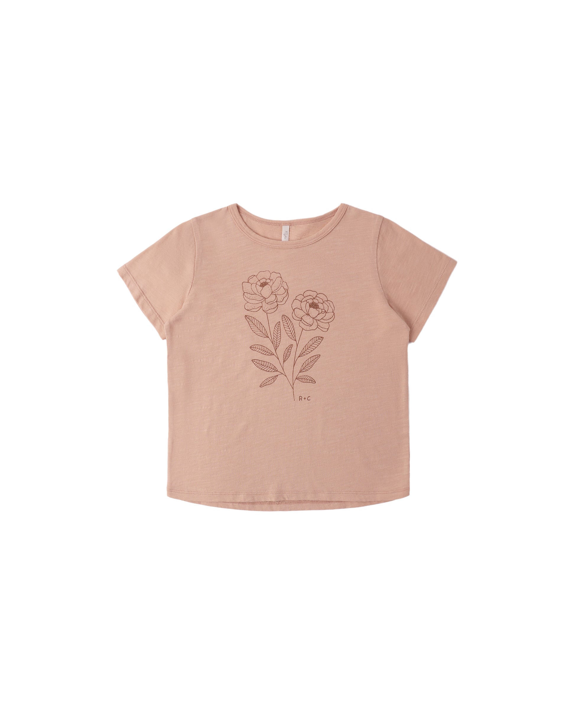 Melon-colored Peony Basic Tee by Rylee & Cru displayed on a neutral background, featuring a relaxed fit and soft fabric.