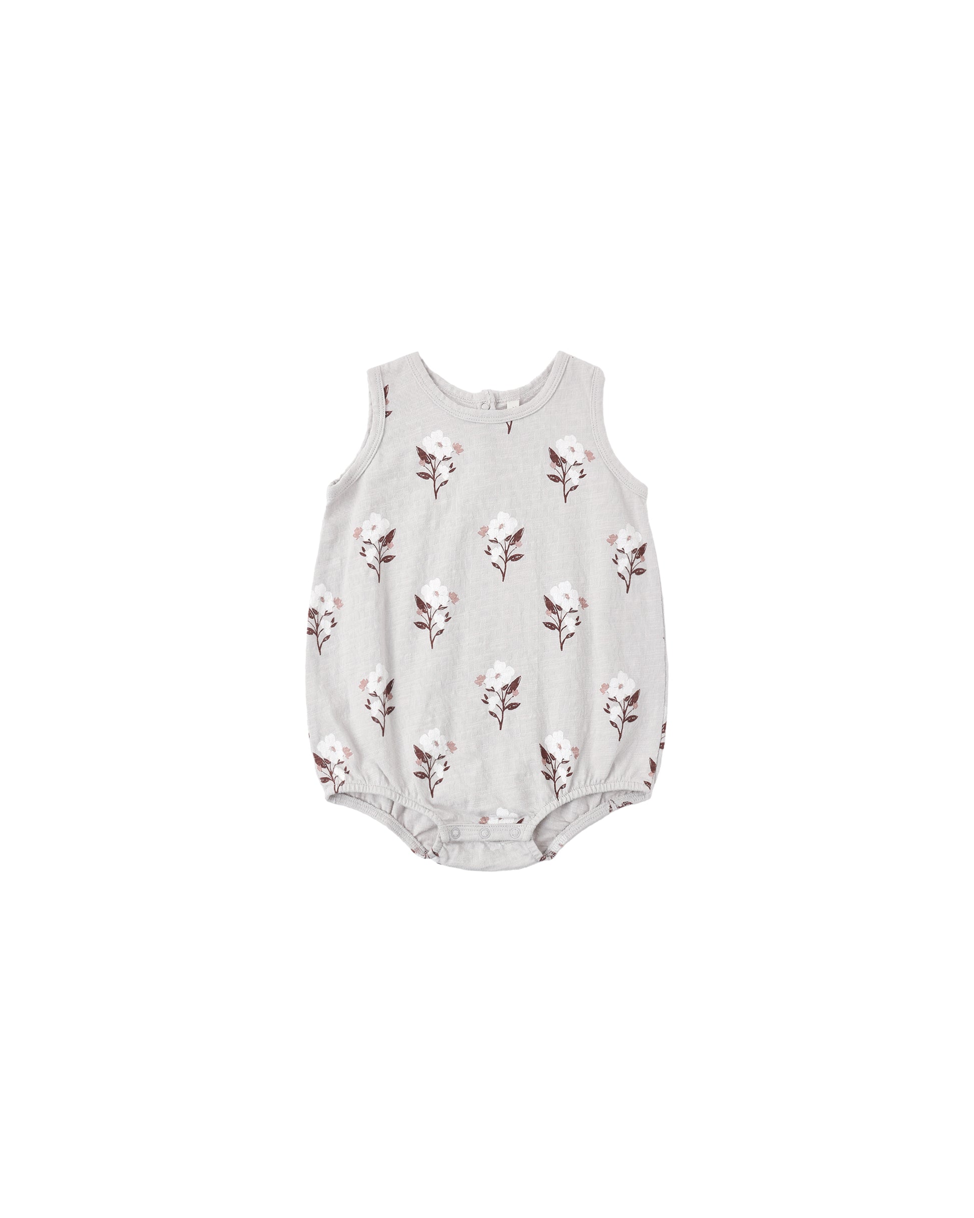 Rylee & Cru Wildflower Bubble Onesie in fog color, featuring a soft fabric with a floral print and bubble-style design for babies.