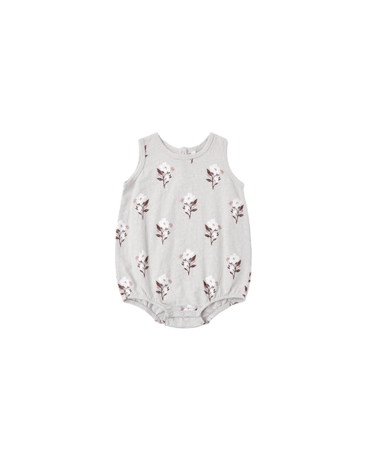 Rylee & Cru Wildflower Bubble Onesie in fog color, featuring a soft fabric with a floral print and bubble-style design for babies.
