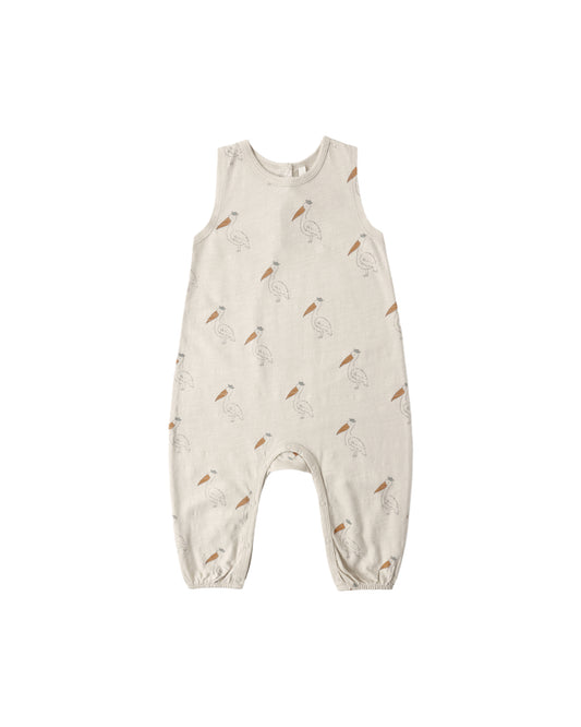 Rylee & Cru Pelican Mills jumpsuit in pebble color, front view showing soft fabric and comfortable fit for kids.
