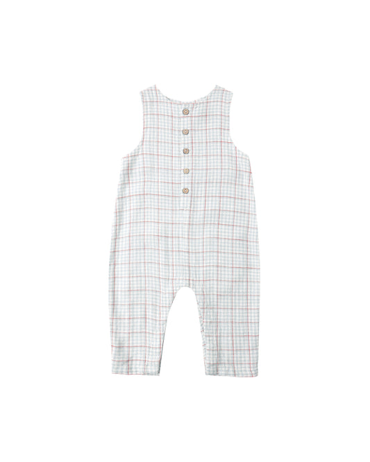 Light blue striped button jumpsuit by Rylee & Cru, featuring a relaxed fit with a collar and front buttons.