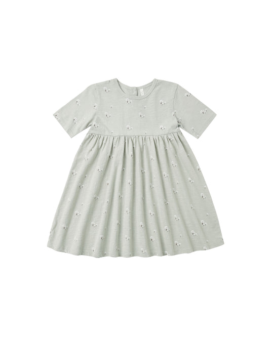 Rylee & Cru Mushrooms Finn Dress in sage color, featuring a soft, comfortable fabric with a playful mushroom print for kids.