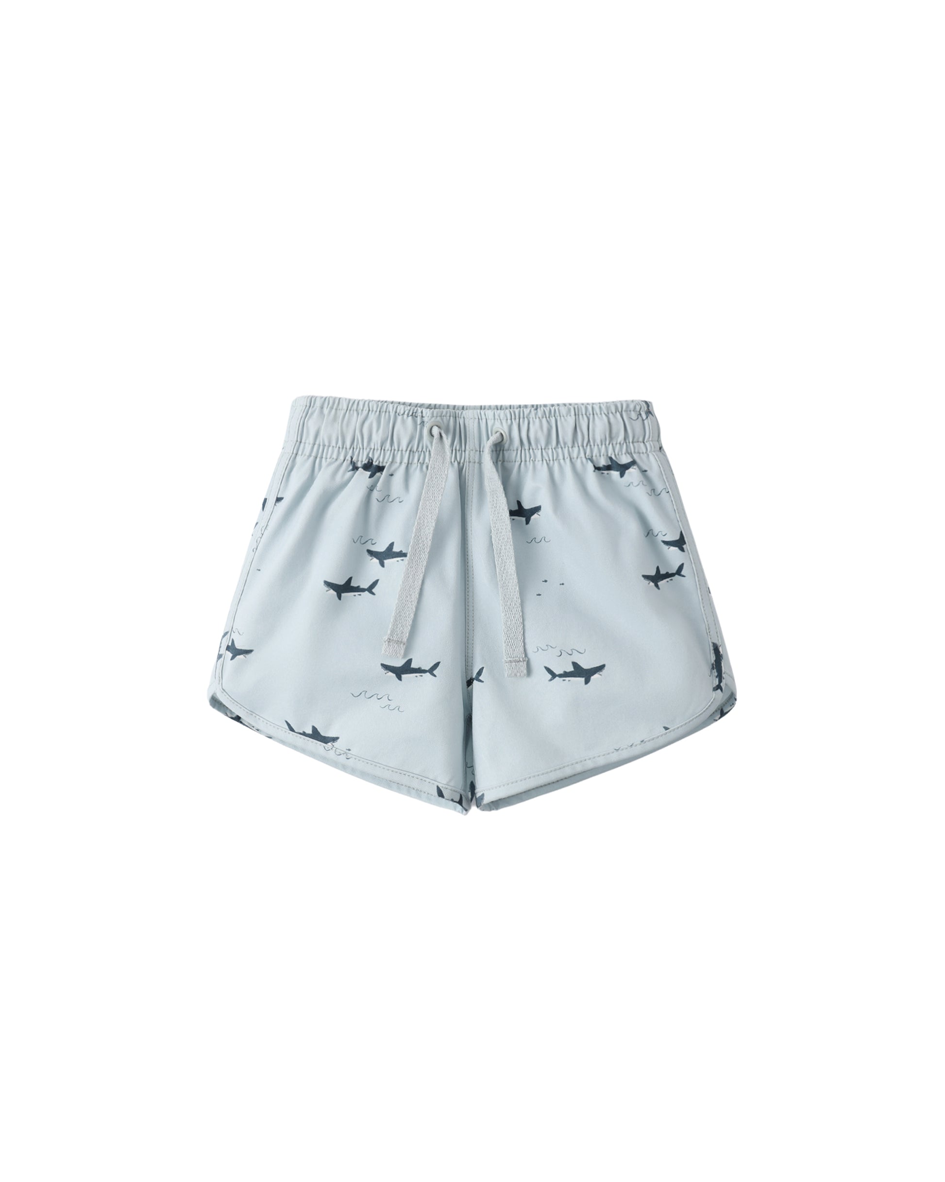 Light blue Sharks swim trunks by Rylee & Cru with shark print and comfortable elastic waistband for kids' swimwear.