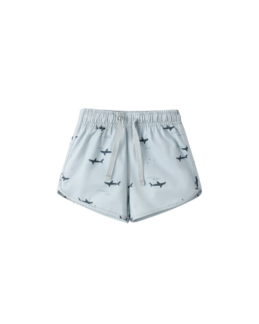 Light blue Sharks swim trunks by Rylee & Cru with shark print and comfortable elastic waistband for kids' swimwear.