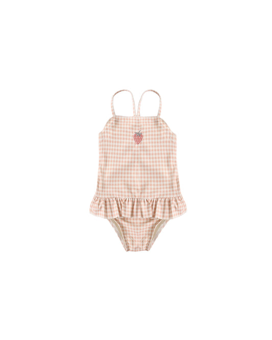 Petal Gingham Tori Skirted One Piece swimsuit by Rylee & Cru, featuring pink petal pattern and ruffle skirt detail.