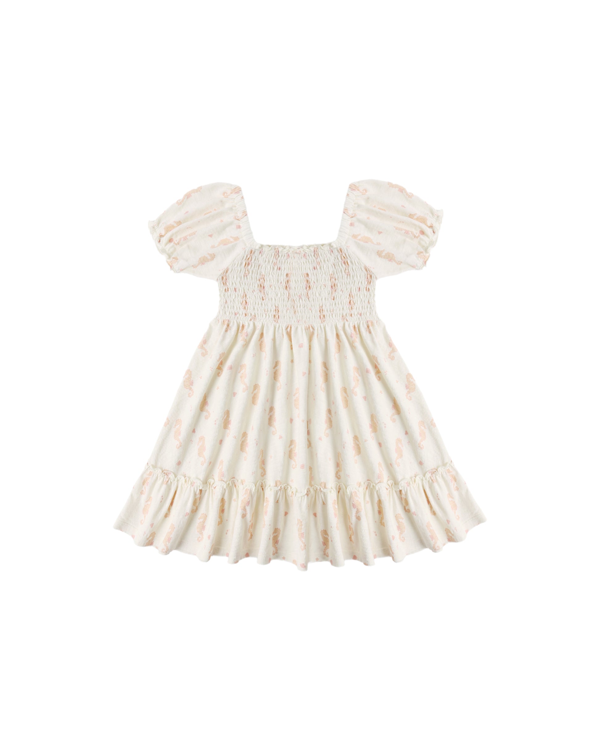 Rylee & Cru Seahorses Sage Jersey Dress displayed on a hanger, featuring a soft ivory fabric with a seahorse pattern for kids.