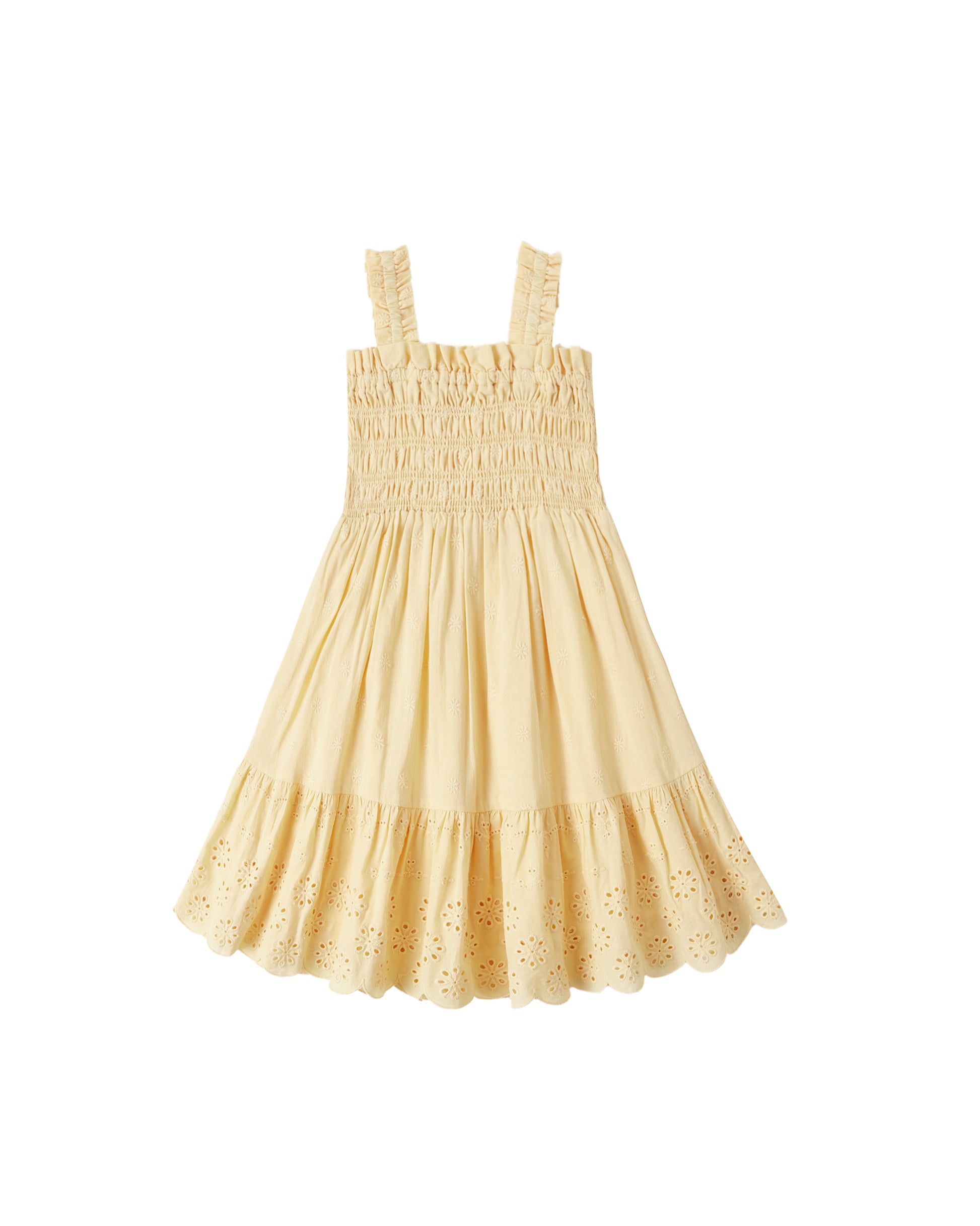 Rylee & Cru Lemon Hanna Dress for girls, featuring a bright yellow lemon print and lightweight cotton fabric.