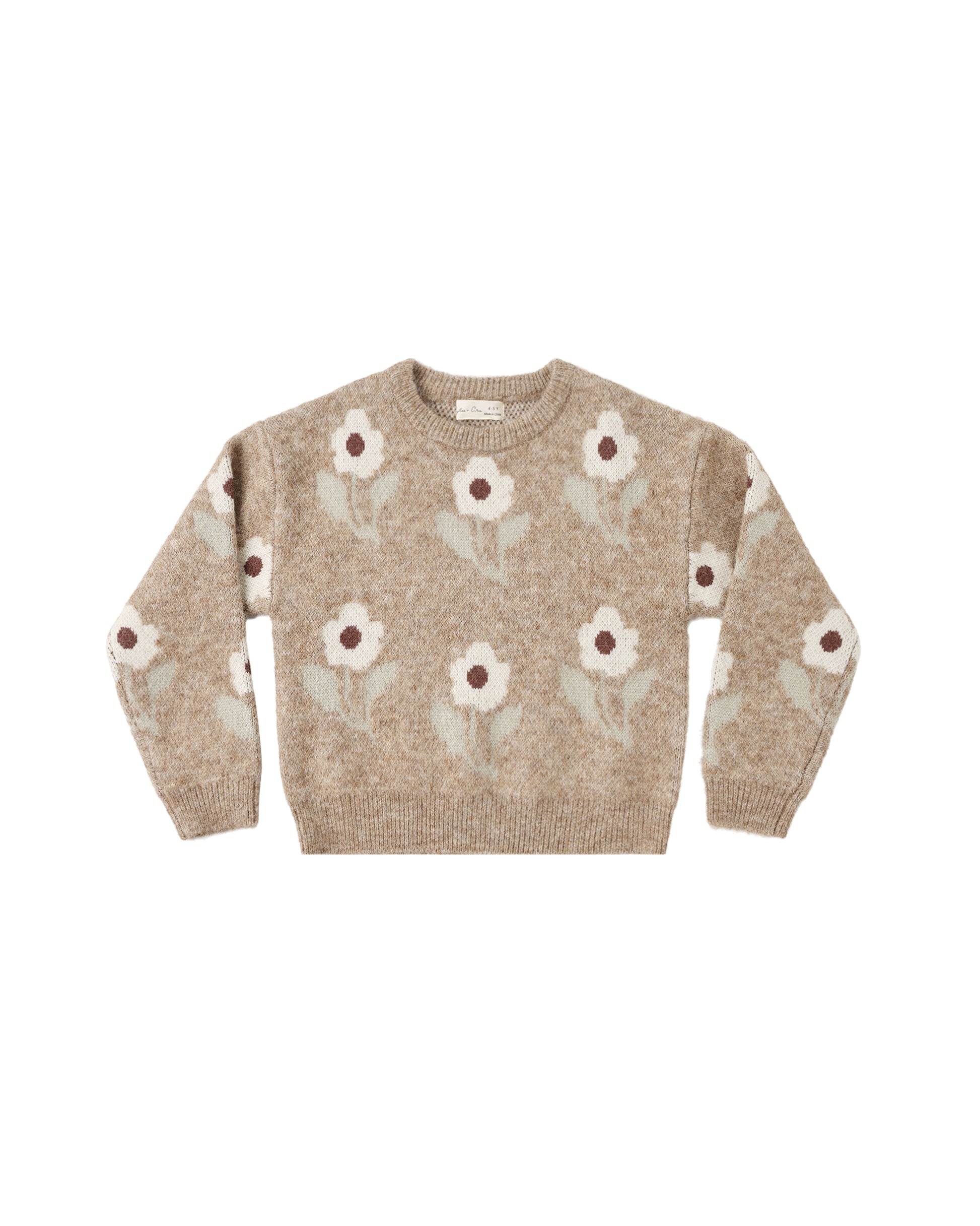Fawn Flower Aspen Sweater by Rylee & Cru, soft knit sweater with floral pattern in fawn and cream tones, displayed on a hanger.