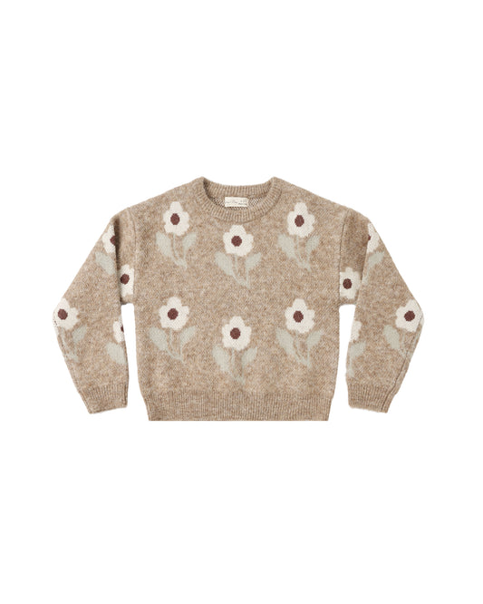 Fawn Flower Aspen Sweater by Rylee & Cru, soft knit sweater with floral pattern in fawn and cream tones, displayed on a hanger.
