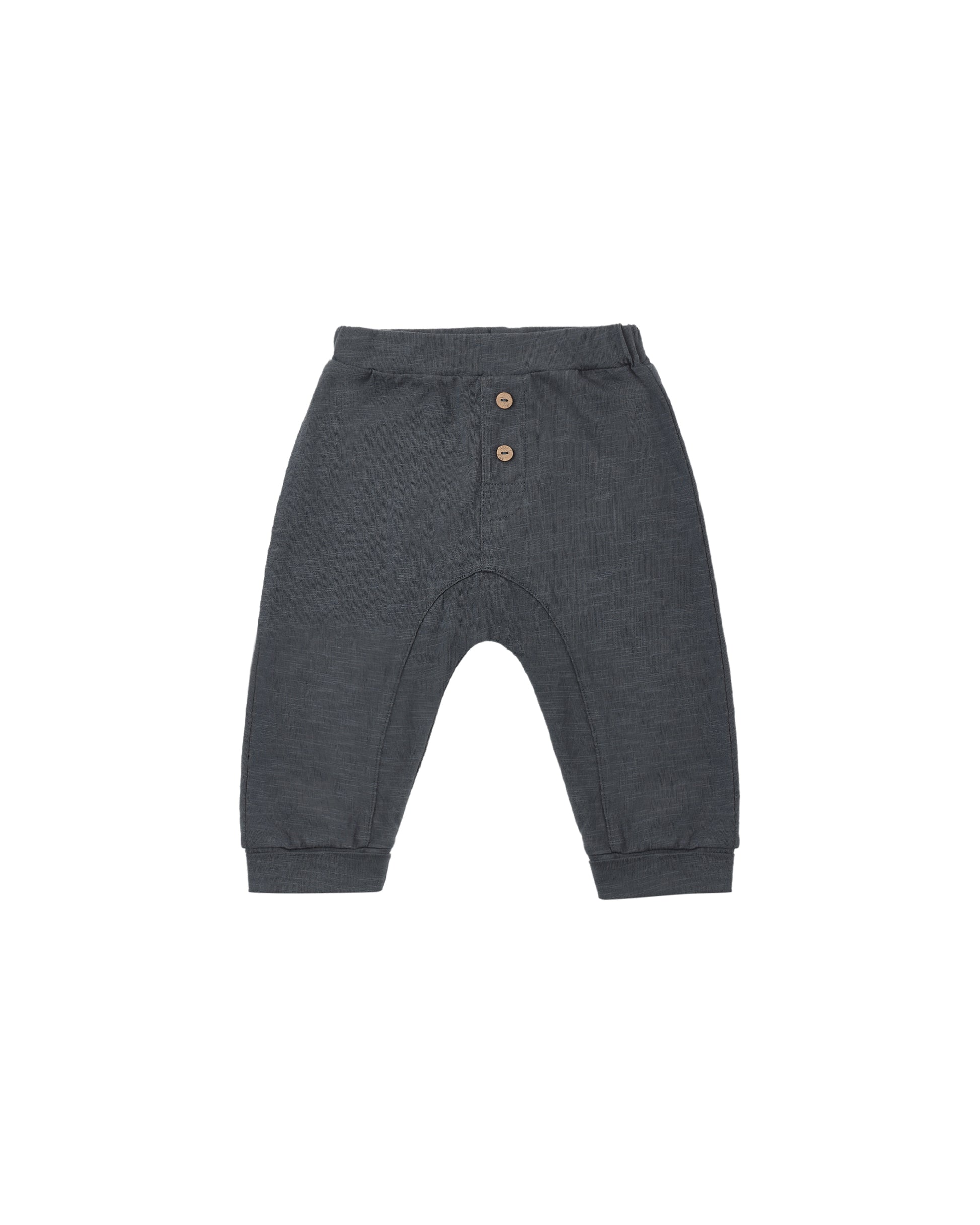 Rylee & Cru Midnight Baby Cru Pant with soft, dark fabric and elastic waistband for a comfortable, stylish baby outfit.