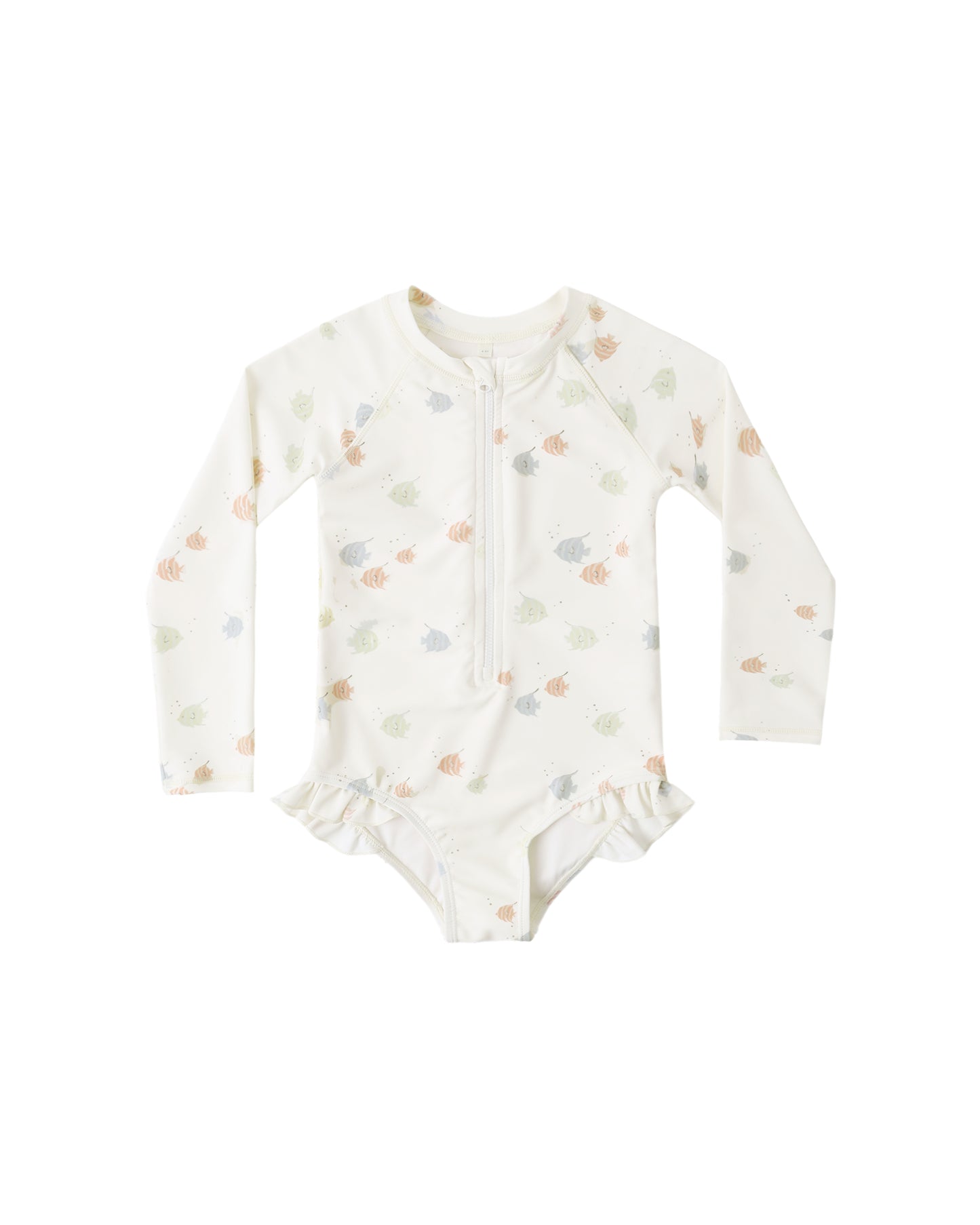 Rylee & Cru Angel Fish rashguard one piece in ivory with colorful fish print and long sleeves for sun protection.