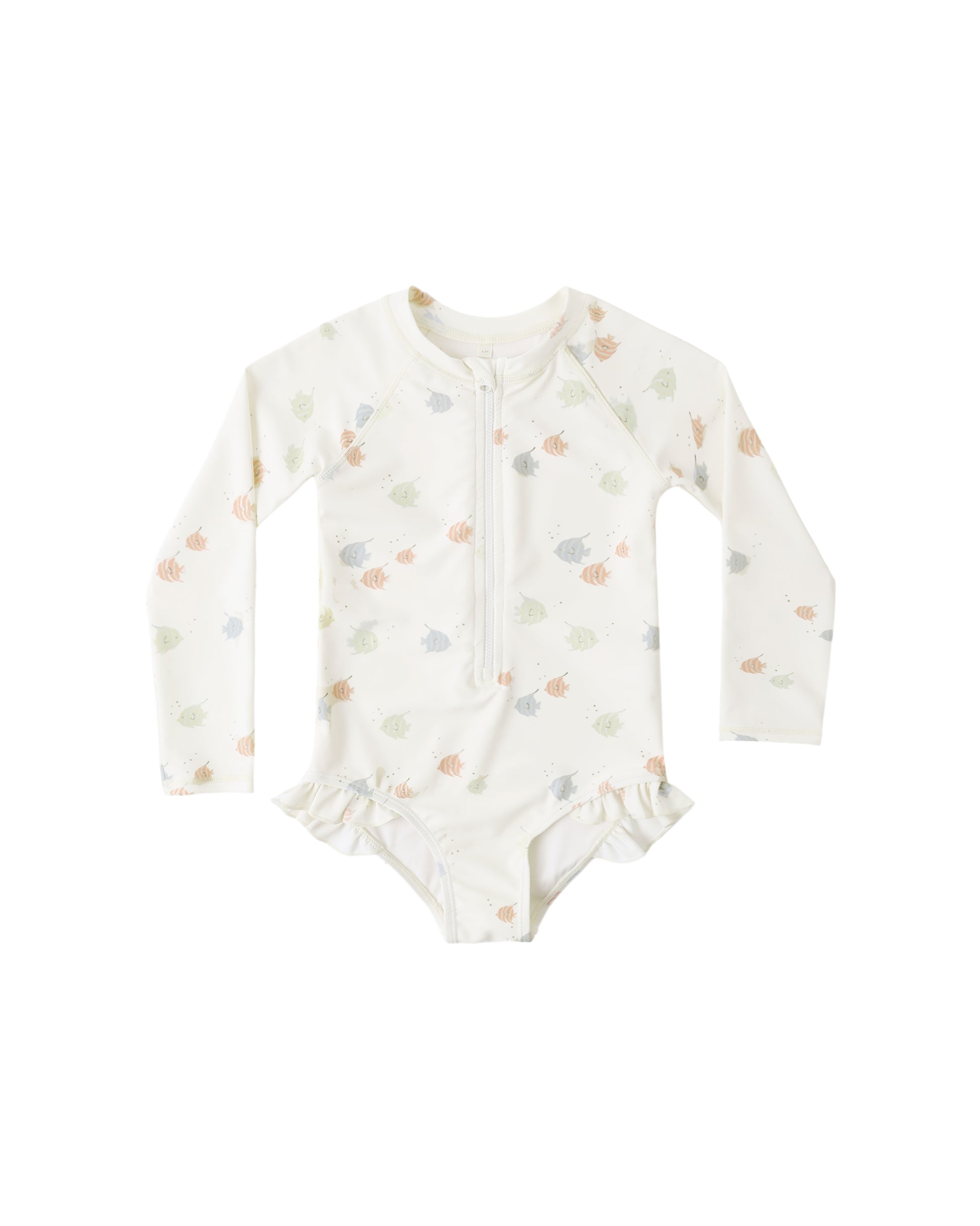 Rylee & Cru Angel Fish rashguard one piece in ivory with colorful fish print and long sleeves for sun protection.