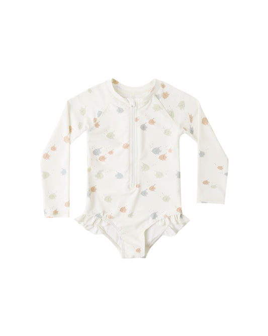 Rylee & Cru Angel Fish rashguard one-piece swimsuit in ivory, featuring colorful angel fish design for kids' swimwear.