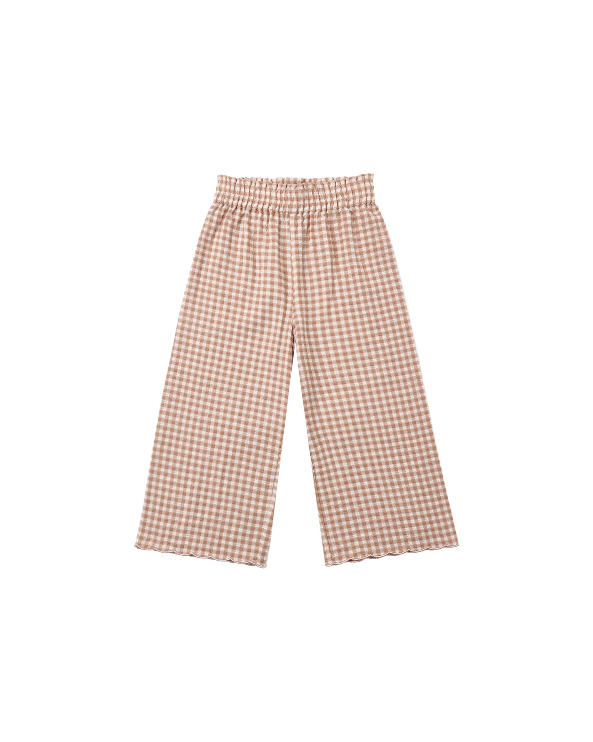 Fawn gingham wide-leg pants by Rylee & Cru, showing soft fabric and relaxed fit with an elastic waistband.