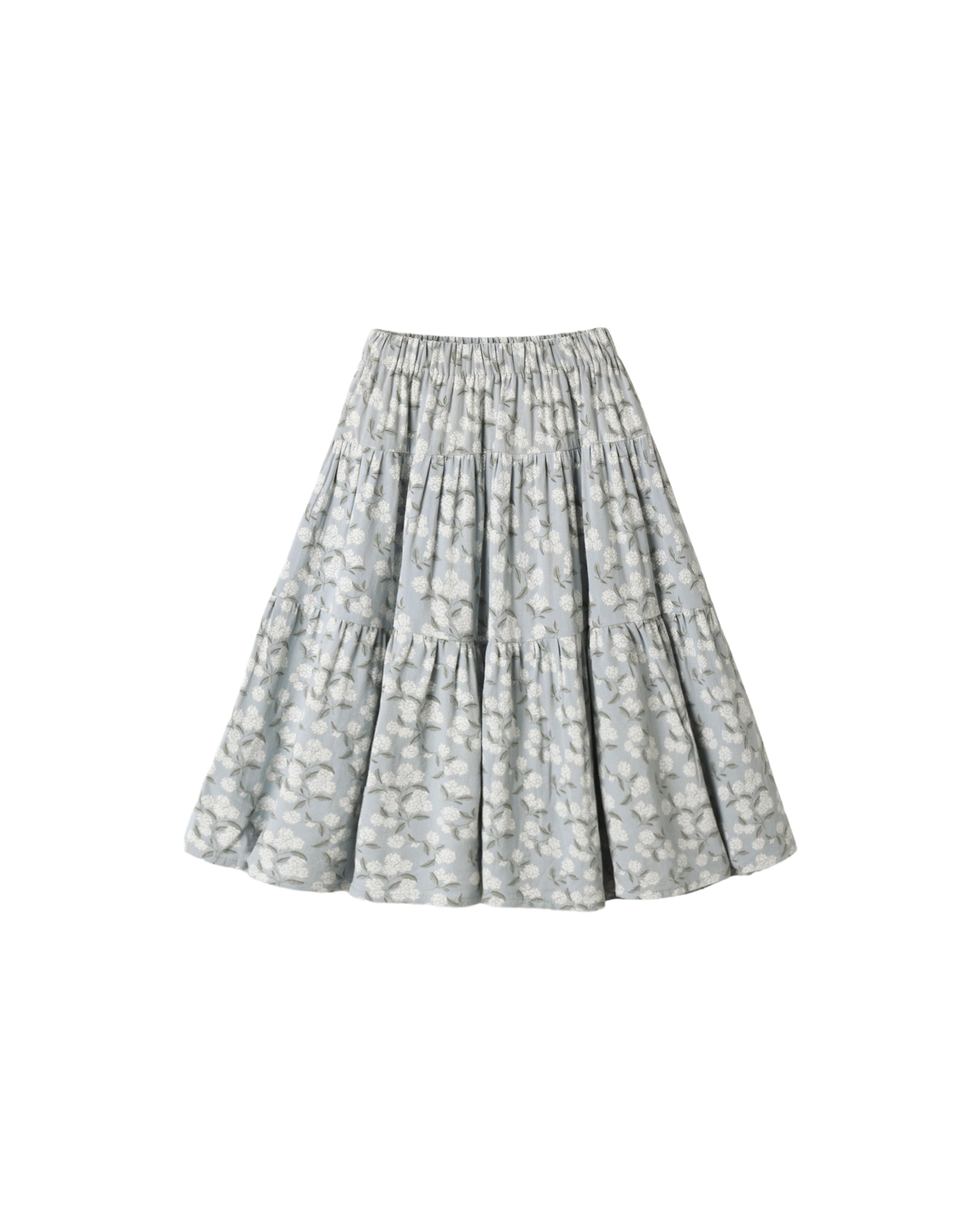 Light blue tiered mini skirt by Rylee & Cru displayed flat with ruffled layers and elastic waistband.