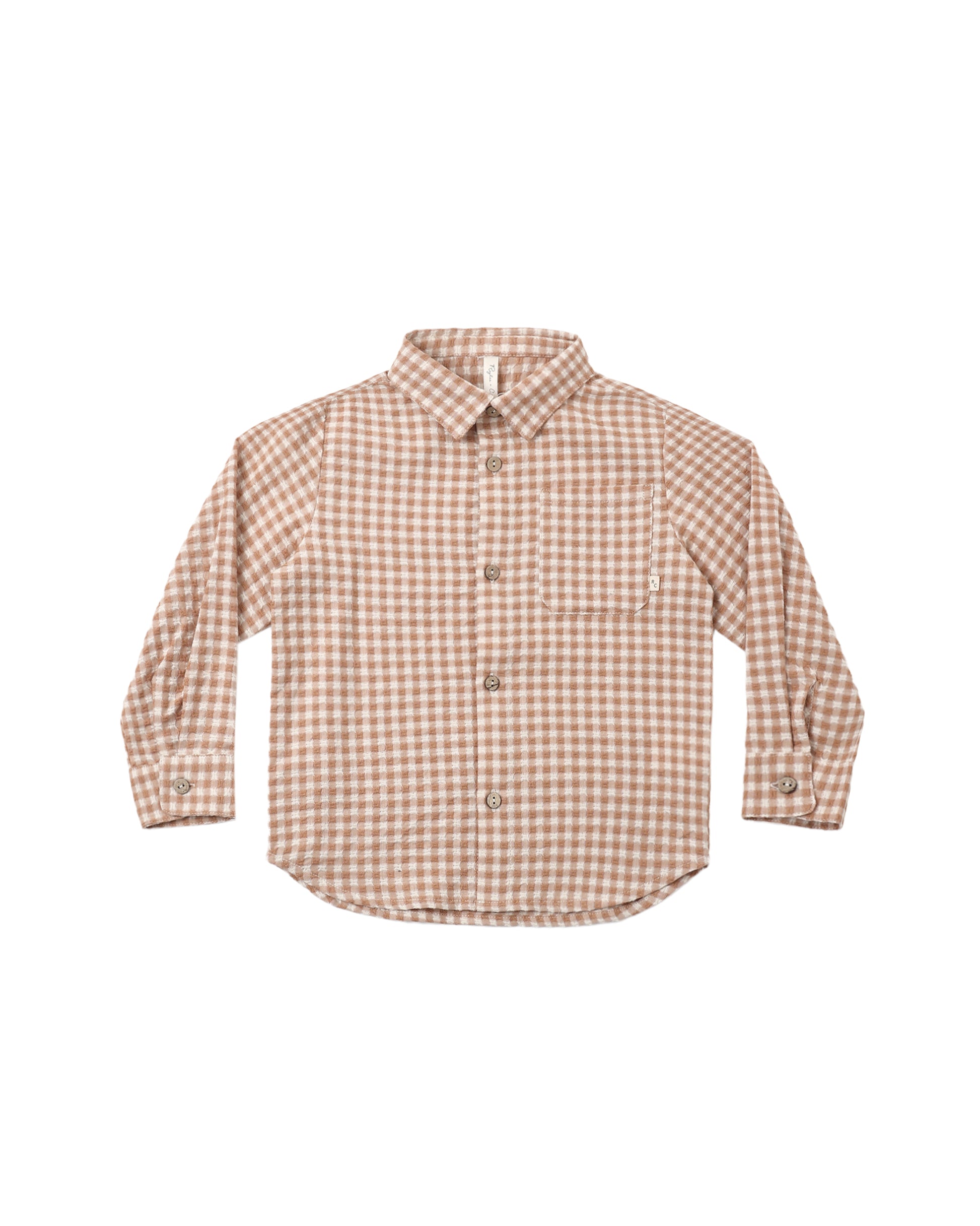 Rylee & Cru Fawn Gingham collared long sleeve shirt with button closure, featuring classic gingham pattern and collar detail.