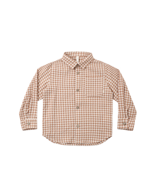 Rylee & Cru Fawn Gingham collared long sleeve shirt with button closure, featuring classic gingham pattern and collar detail.