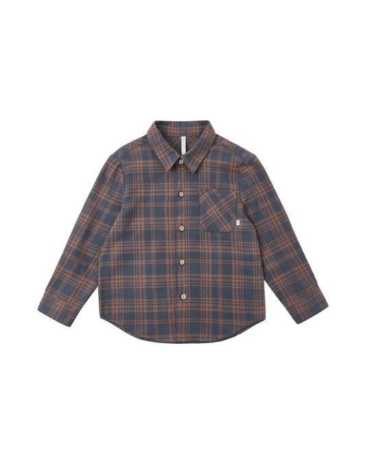 Rylee & Cru midnight plaid long sleeve collared shirt with button front and chest pocket, casual and stylish for kids.